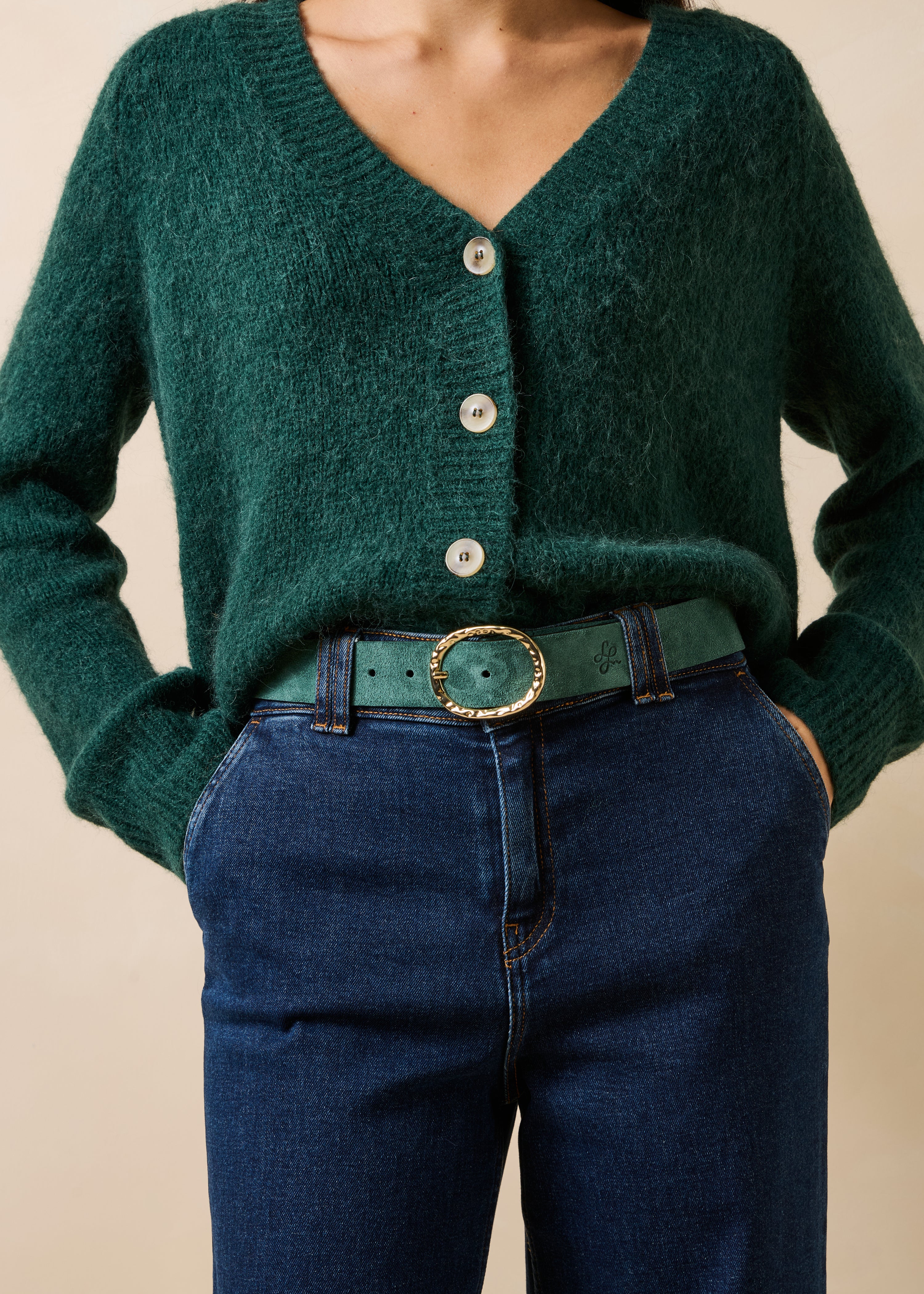 Petrol blue suede leather belt with oval buckle
