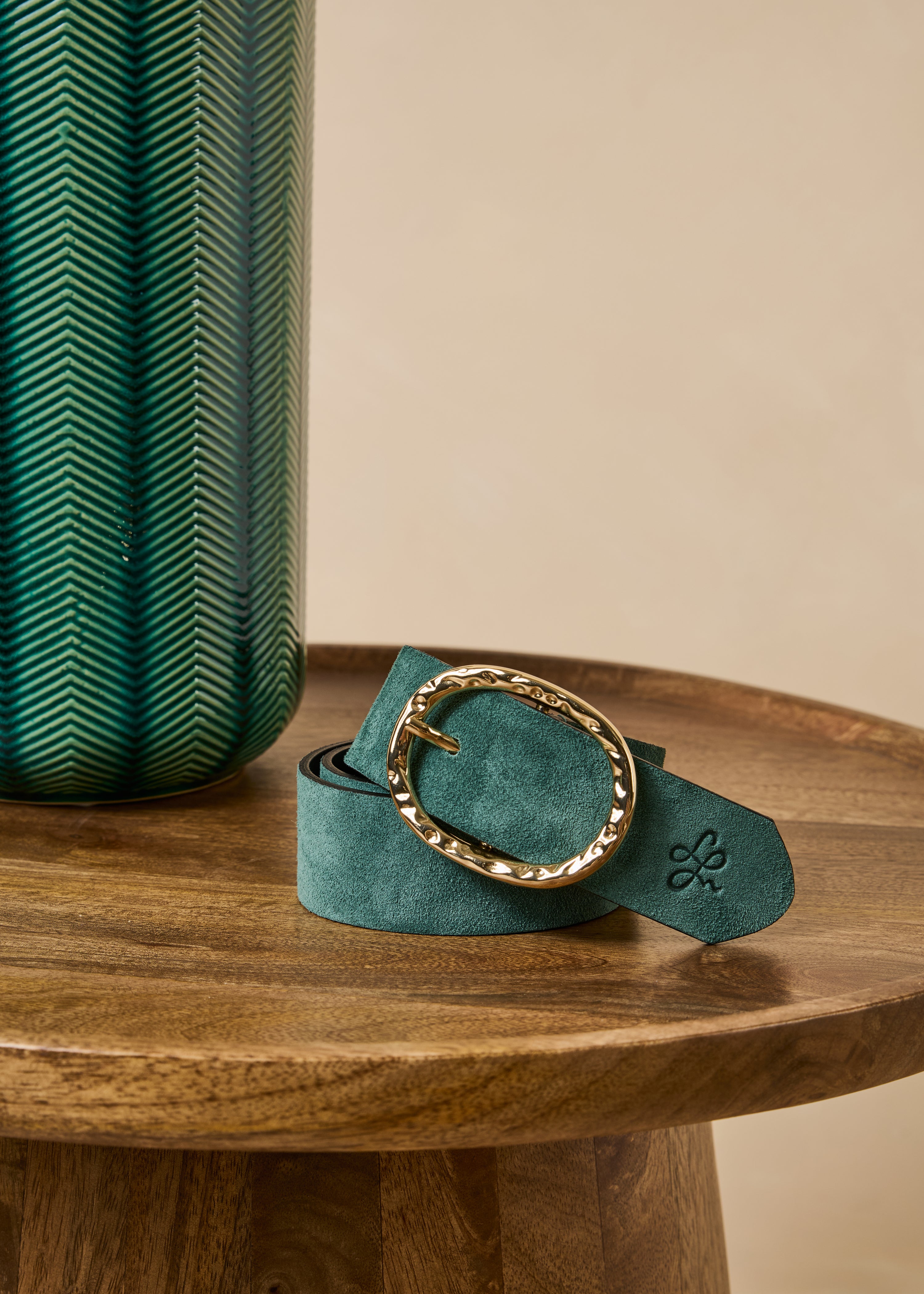 Green suede leather belt with oval buckle