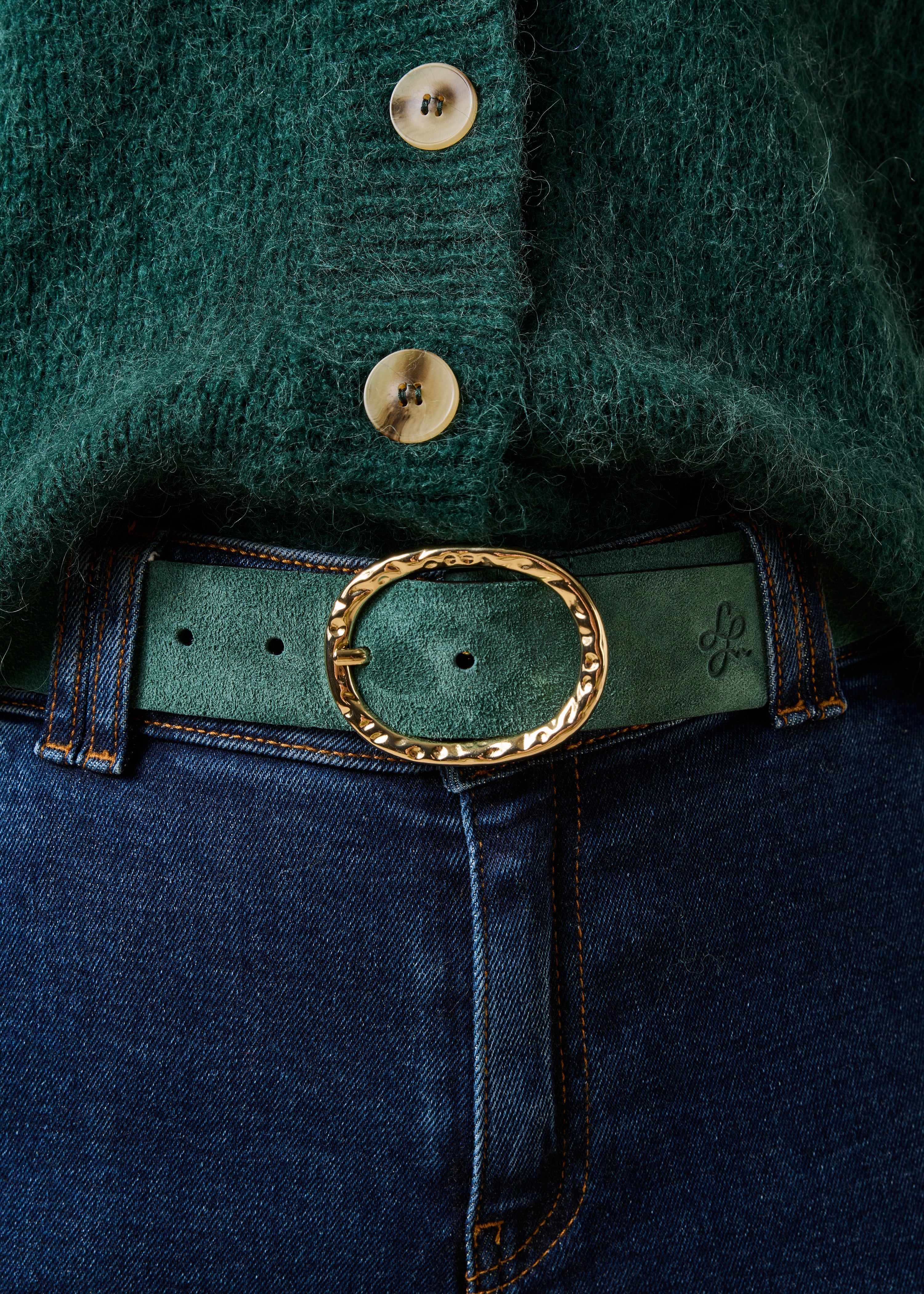 Green suede leather belt with oval buckle