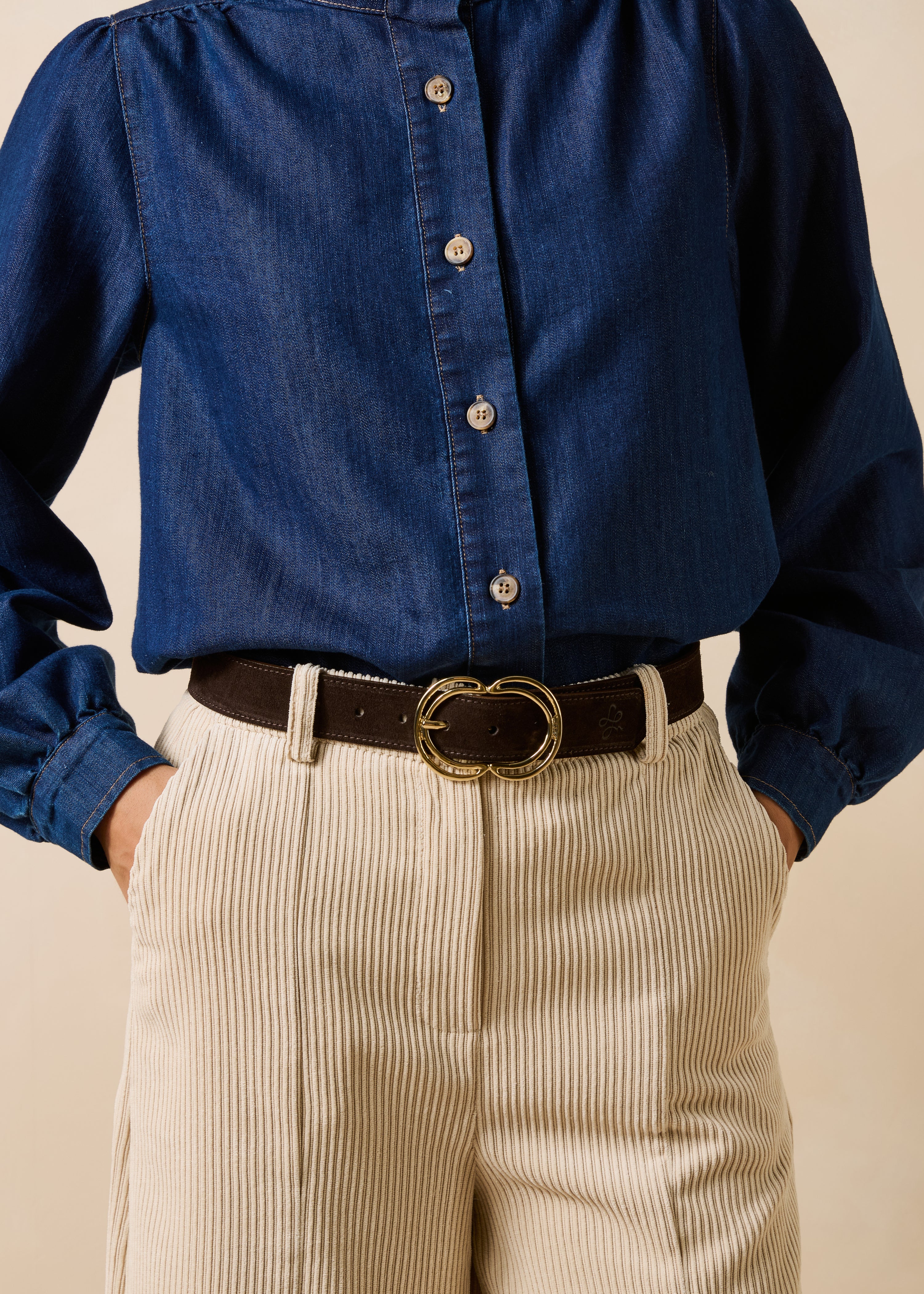 Brown belt with golden oval buckle