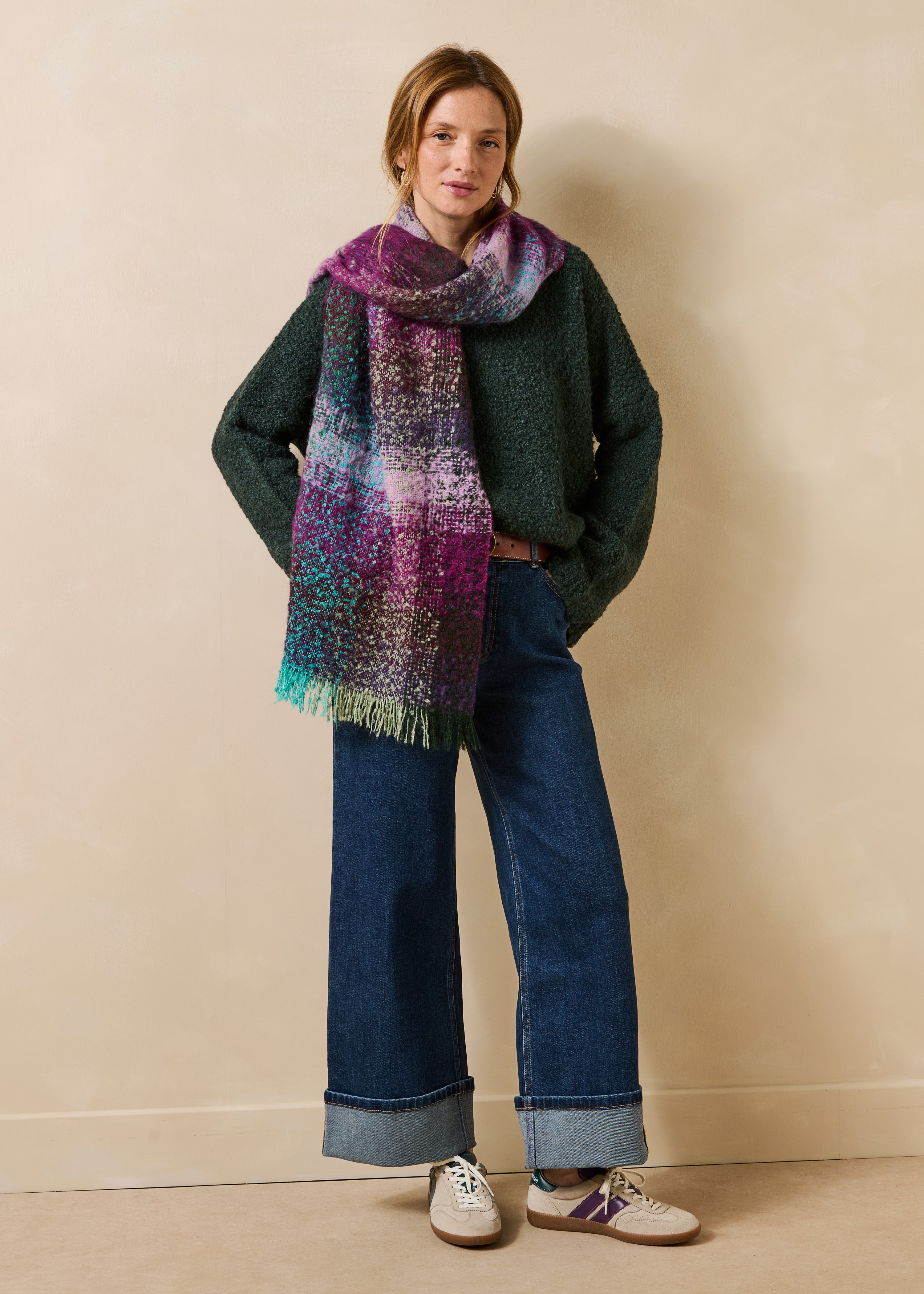 Purple and green checkered scarf