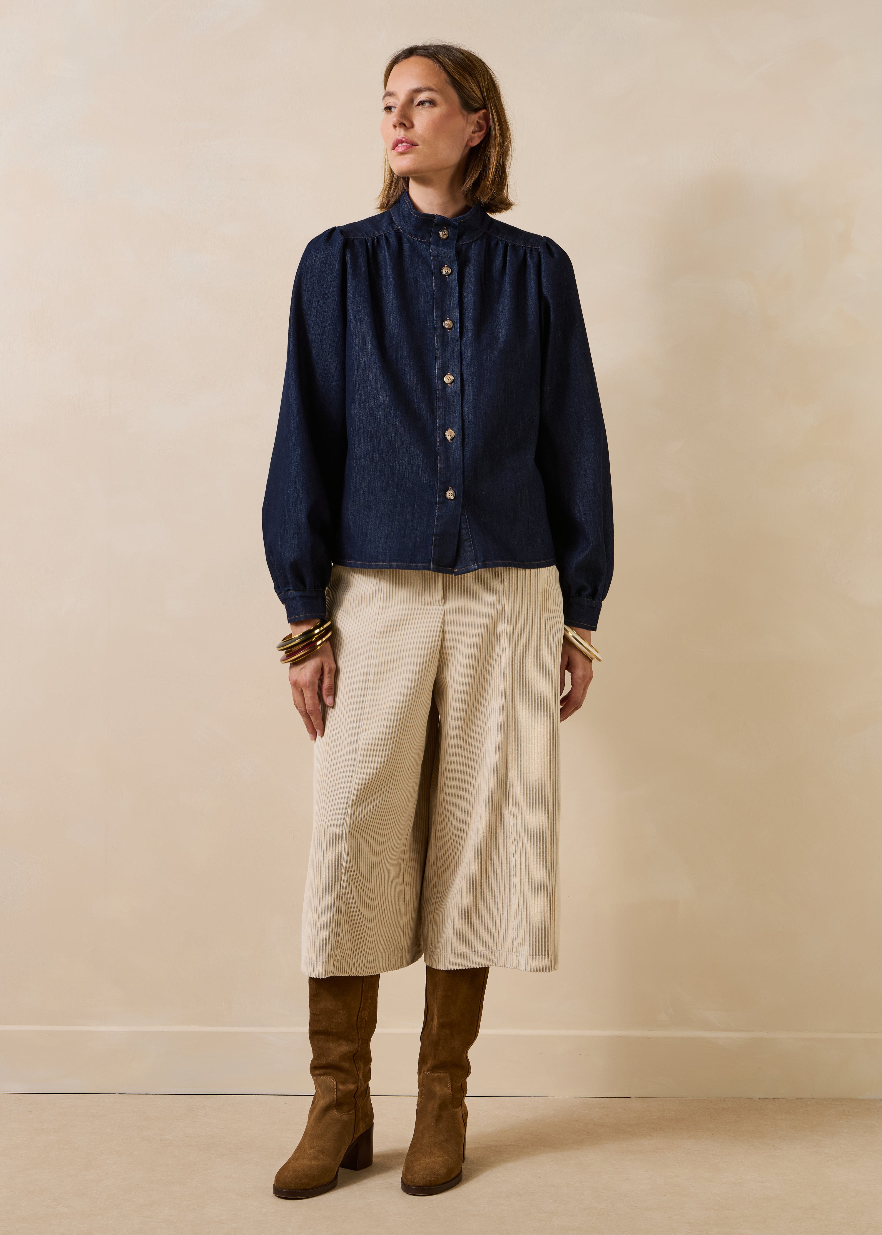 Bluse aus rohem Denim mit langen Ärmeln