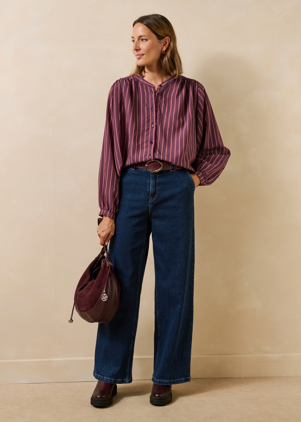 Chemise violette à rayures manches longues col mao