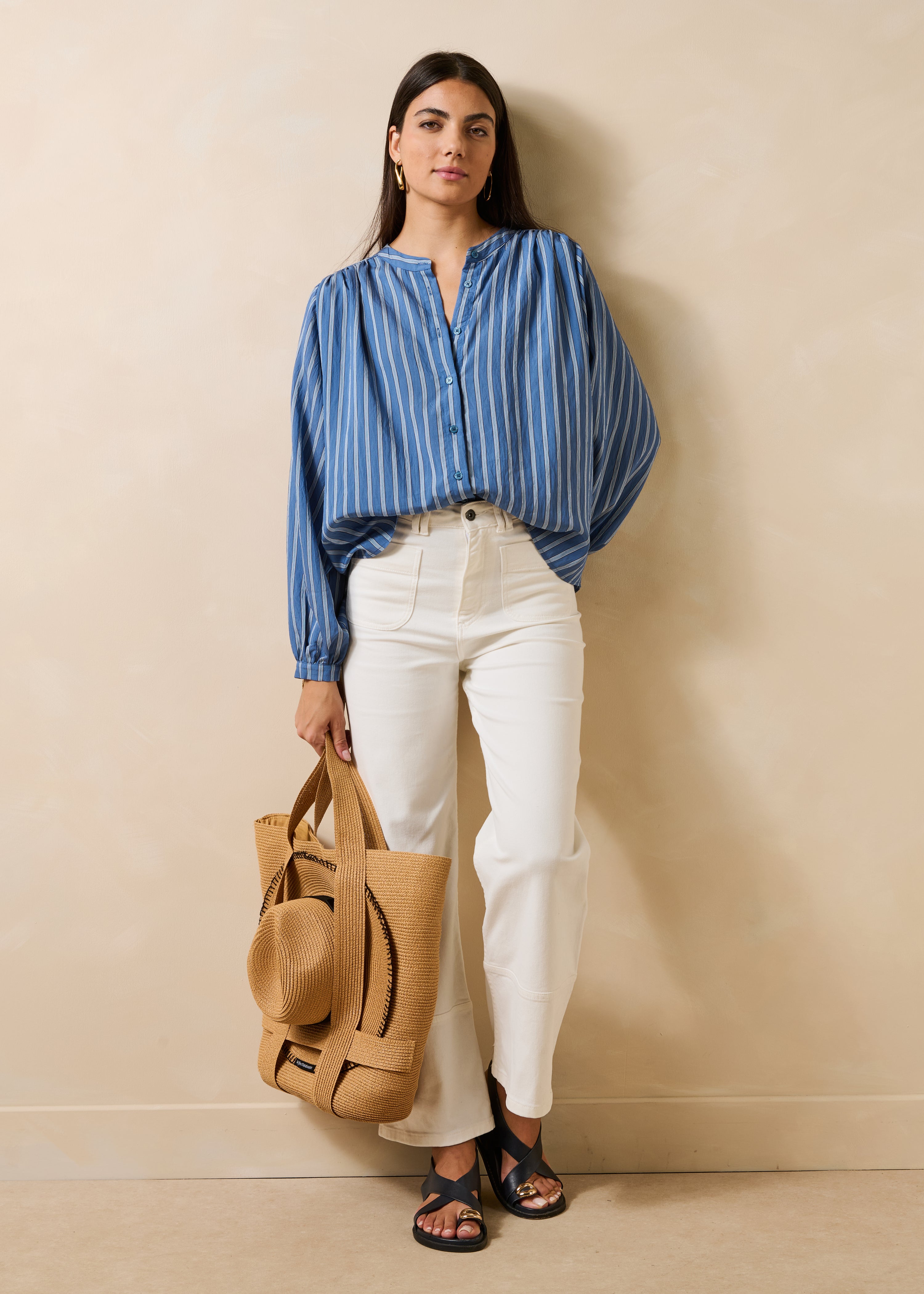 Camicia blu a righe maniche lunghe collo alla coreana