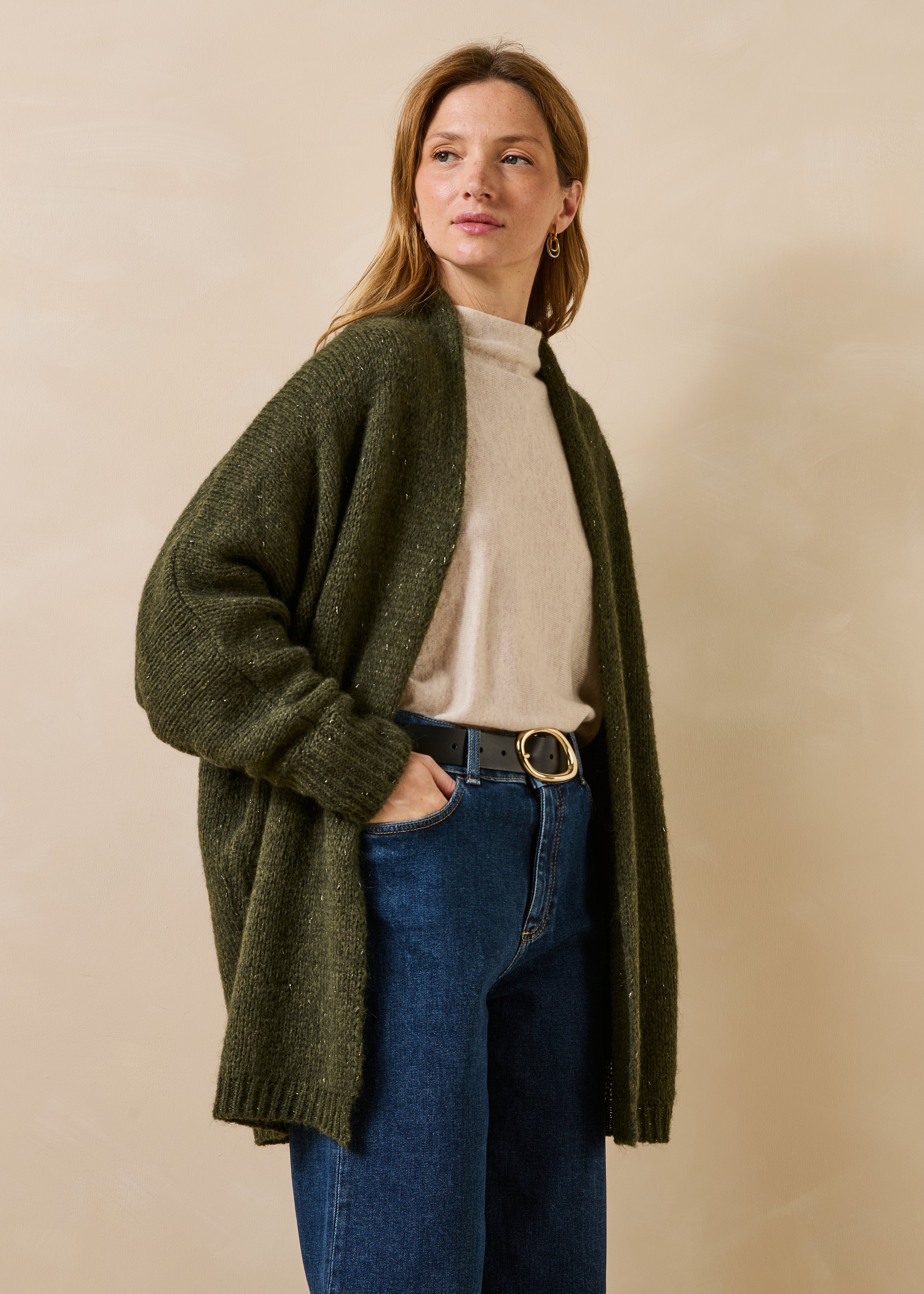Gilet mi-long kaki oversize en maille irisée