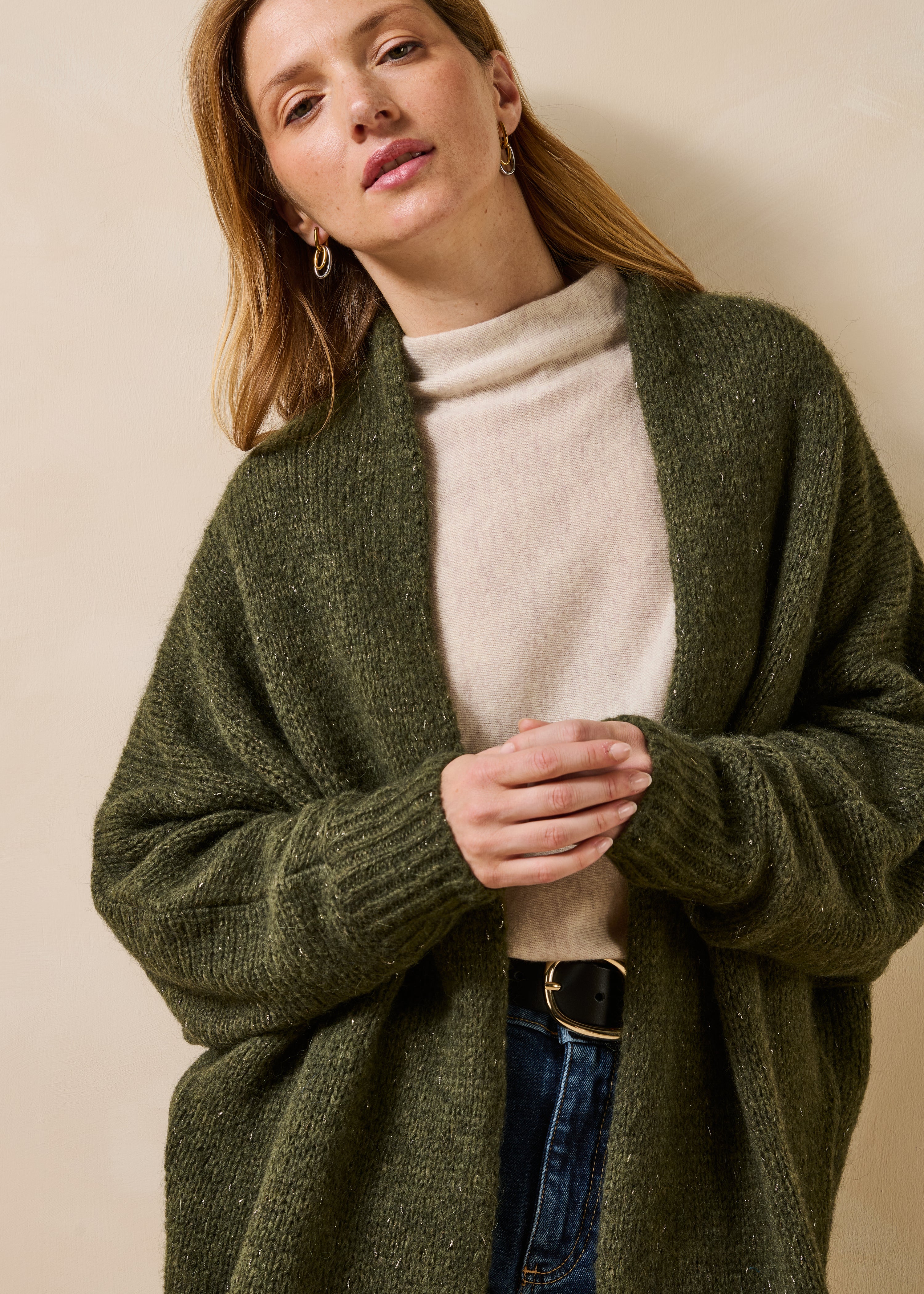 Gilet mi-long kaki oversize en maille irisée