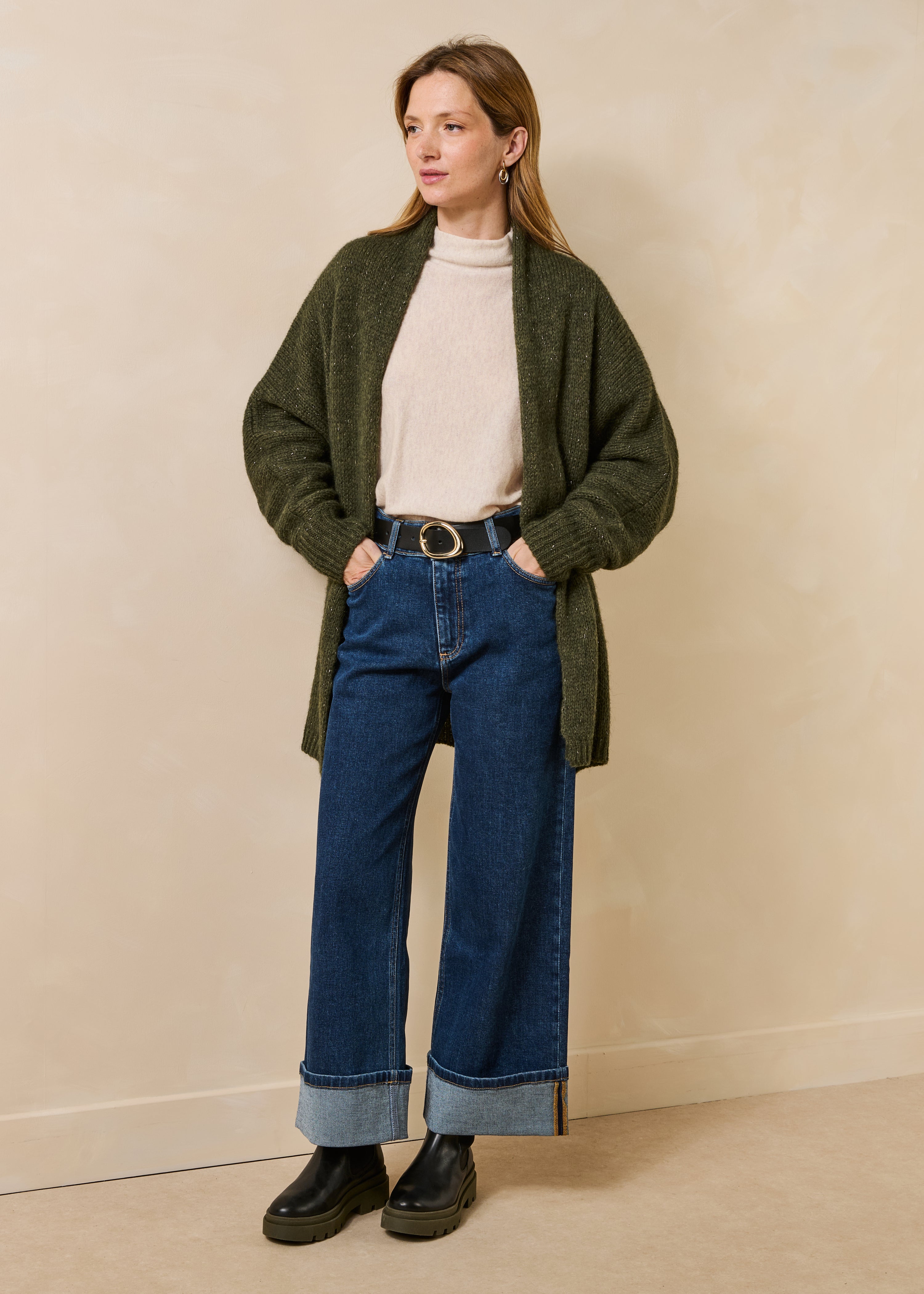 Gilet mi-long kaki oversize en maille irisée
