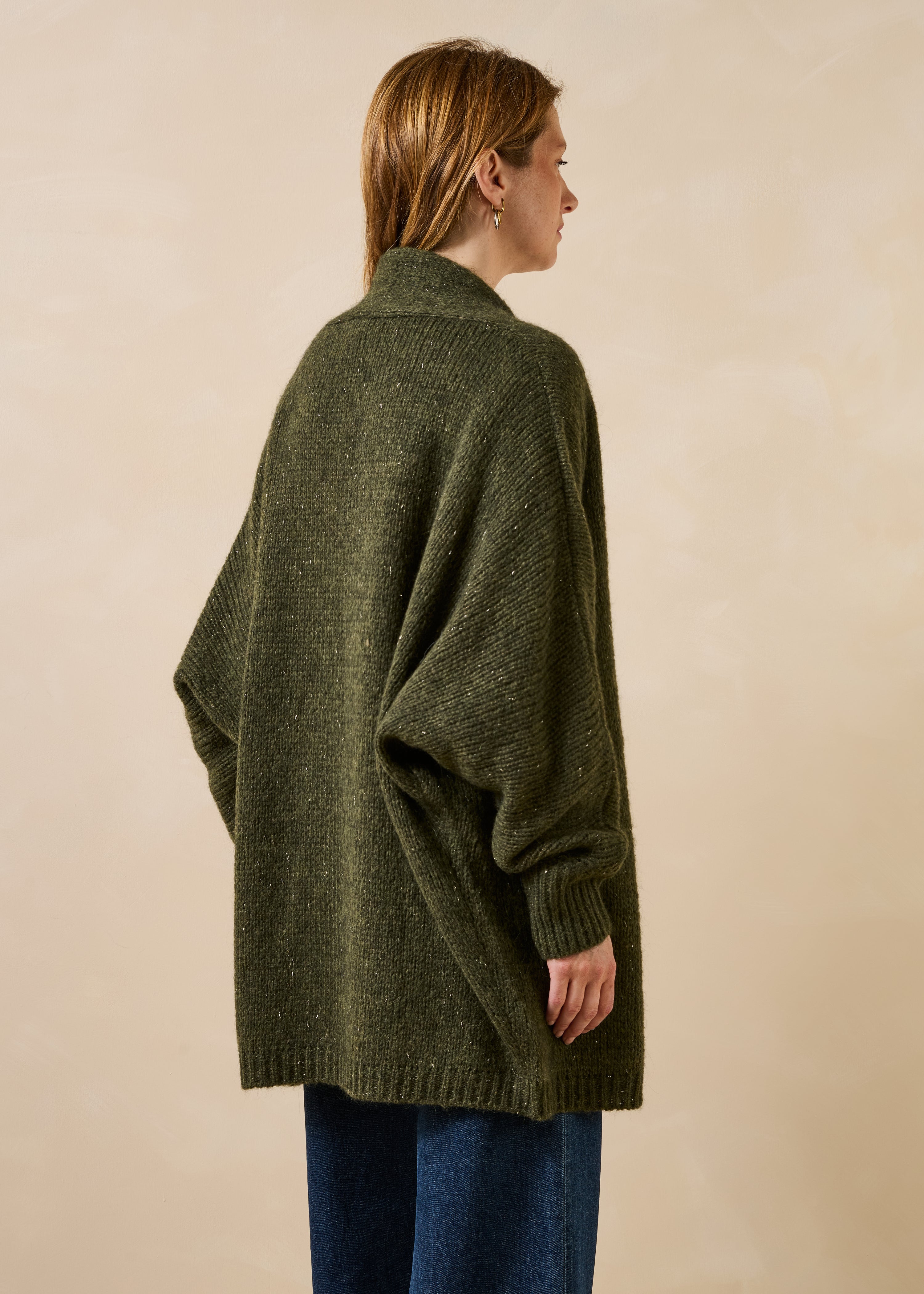 Gilet mi-long kaki oversize en maille irisée