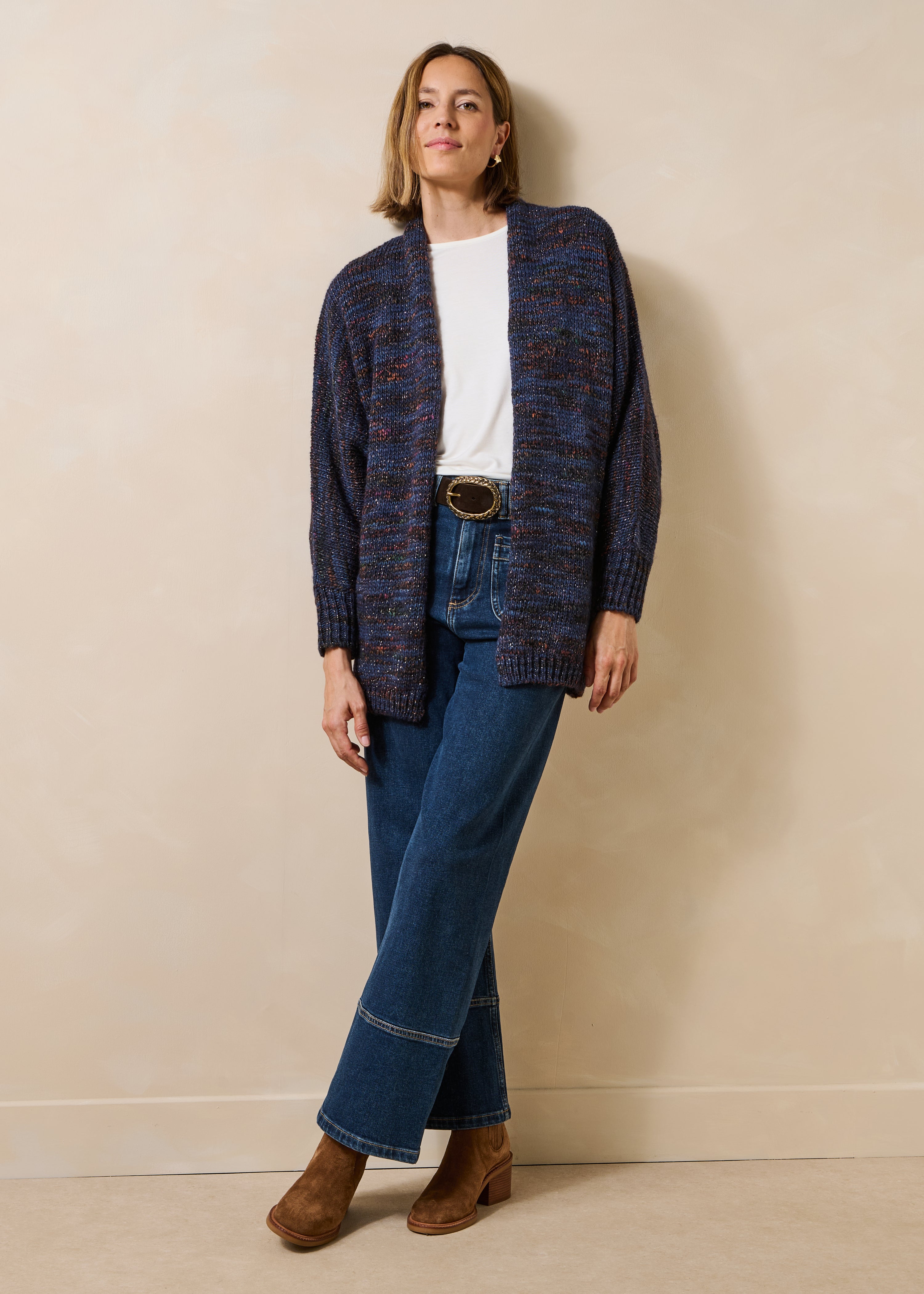 Oversized Mid-Length Blue Knit Cardigan