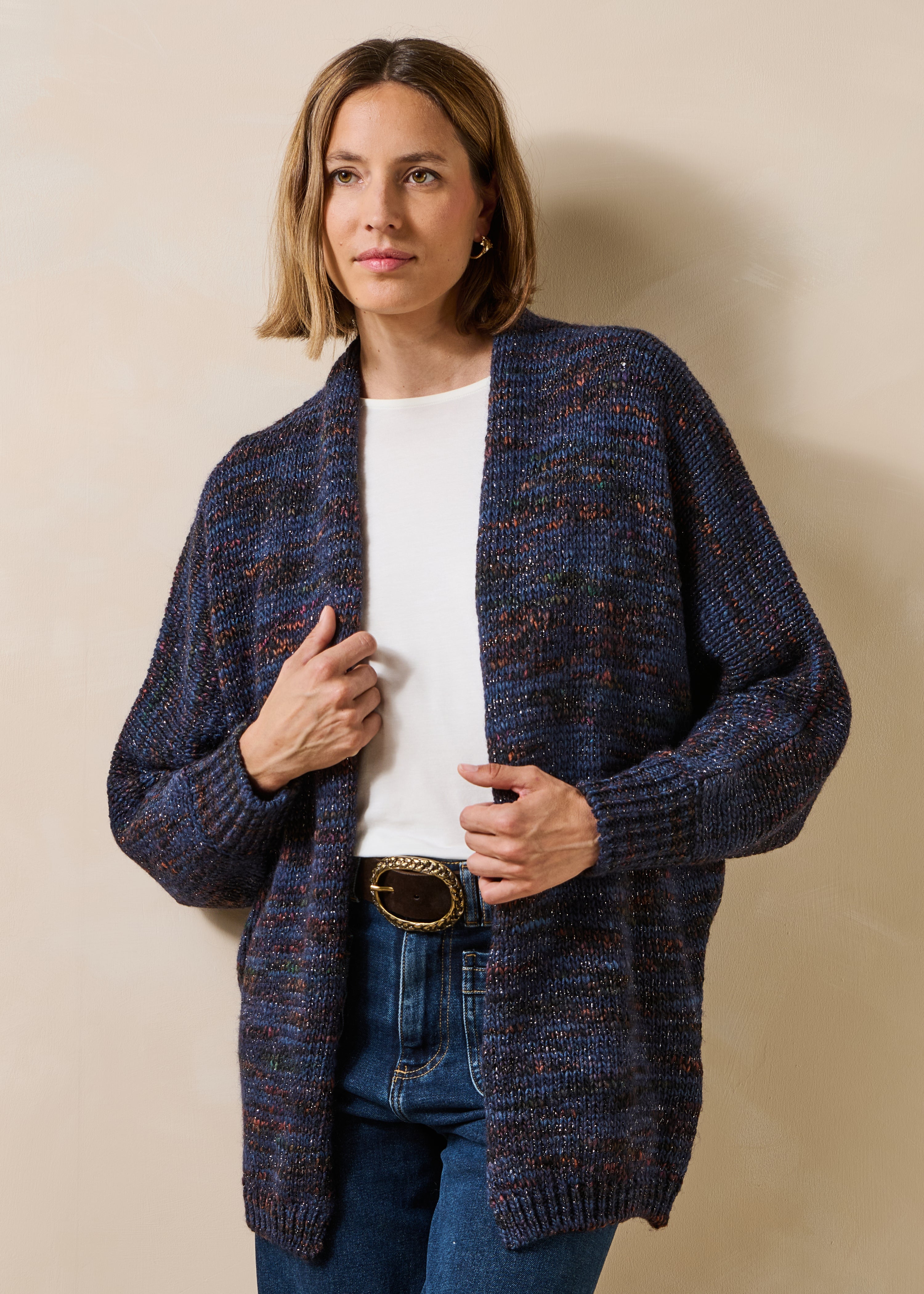 Gilet oversize blu a maglia, lunghezza media