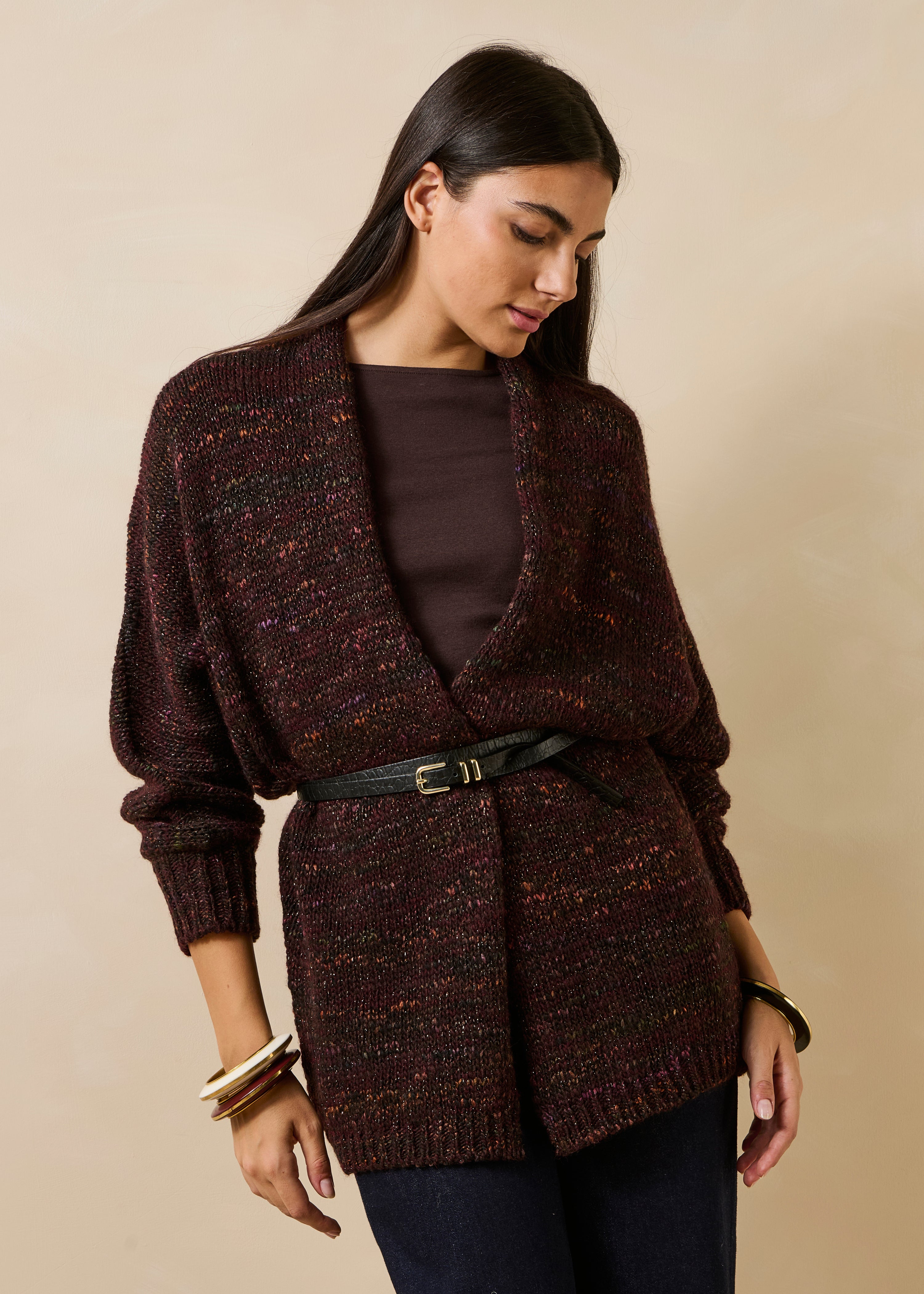 Gilet mi-long marron oversize en maille irisée