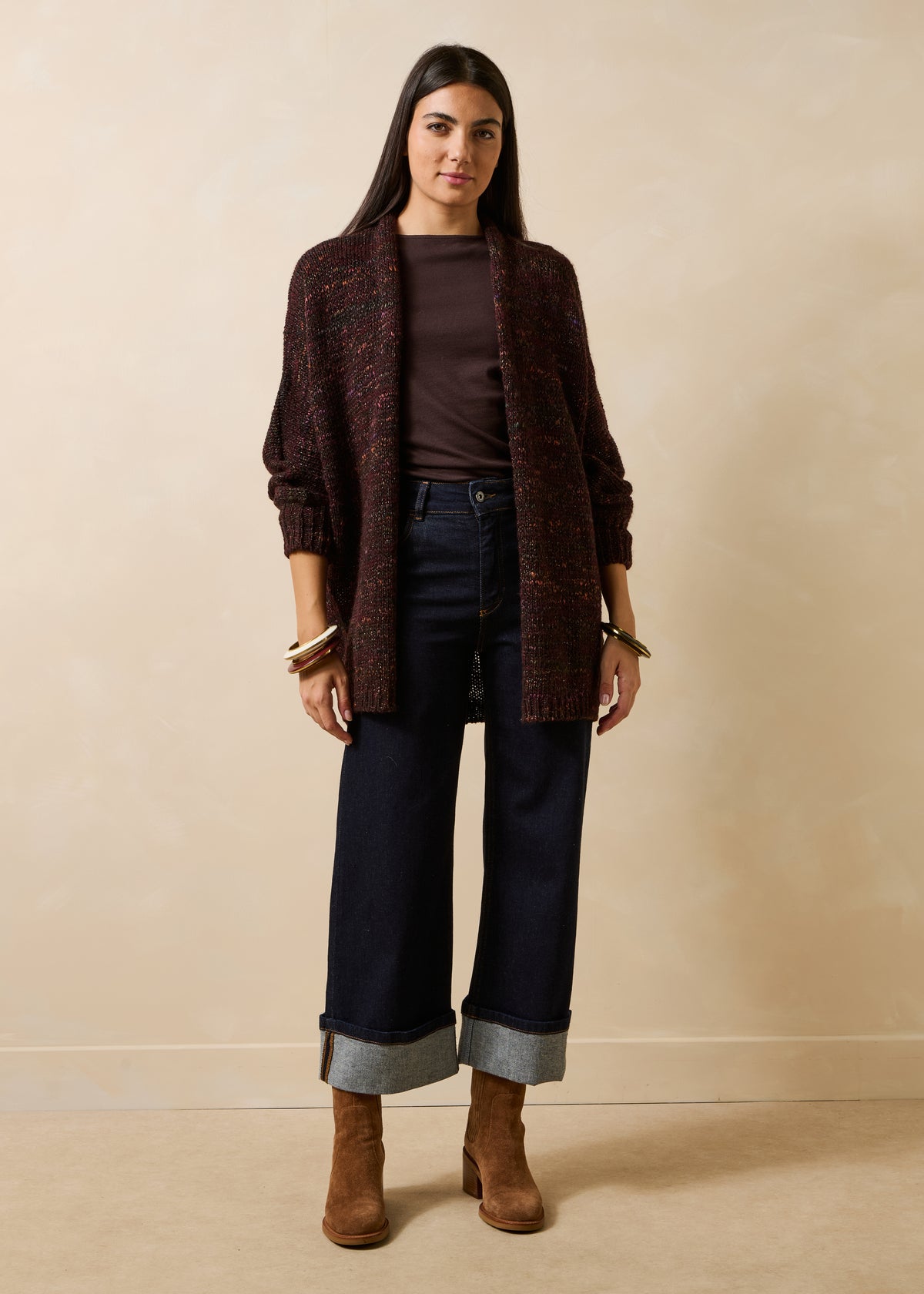 Gilet mi-long marron oversize en maille irisée