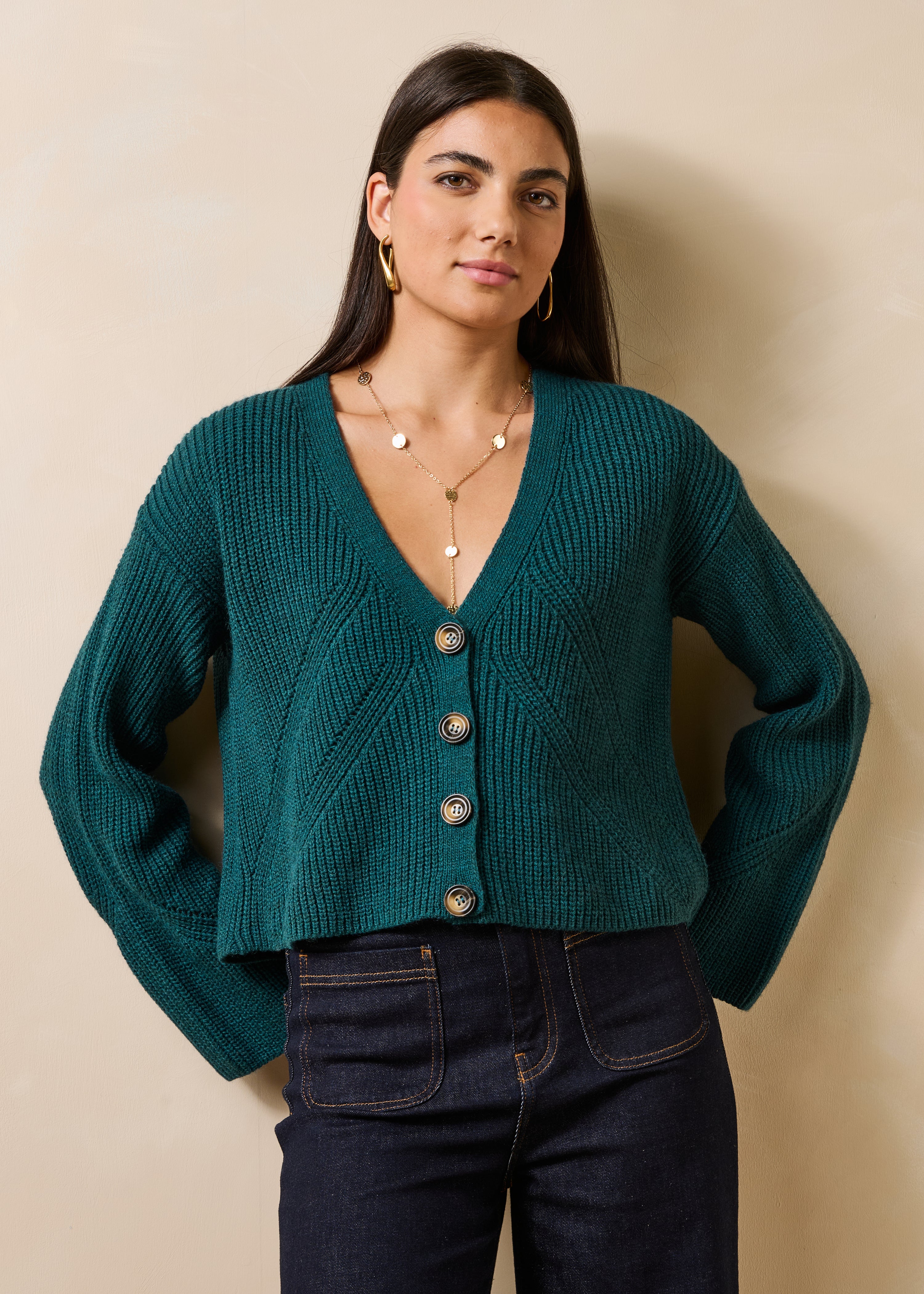 Gilet blu petrolio corto maniche lunghe scollo a V