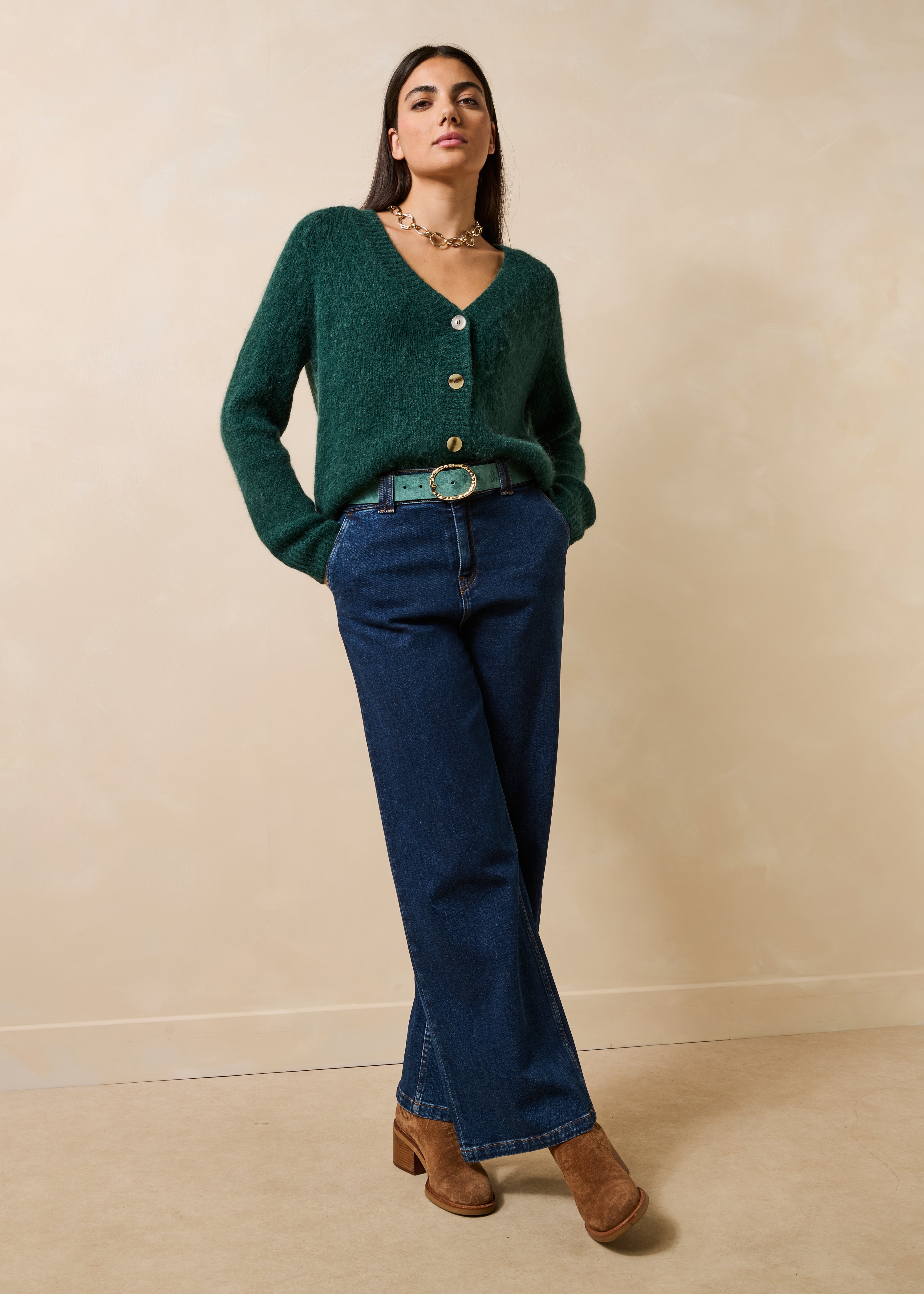 Gilet verde maniche lunghe scollo a V