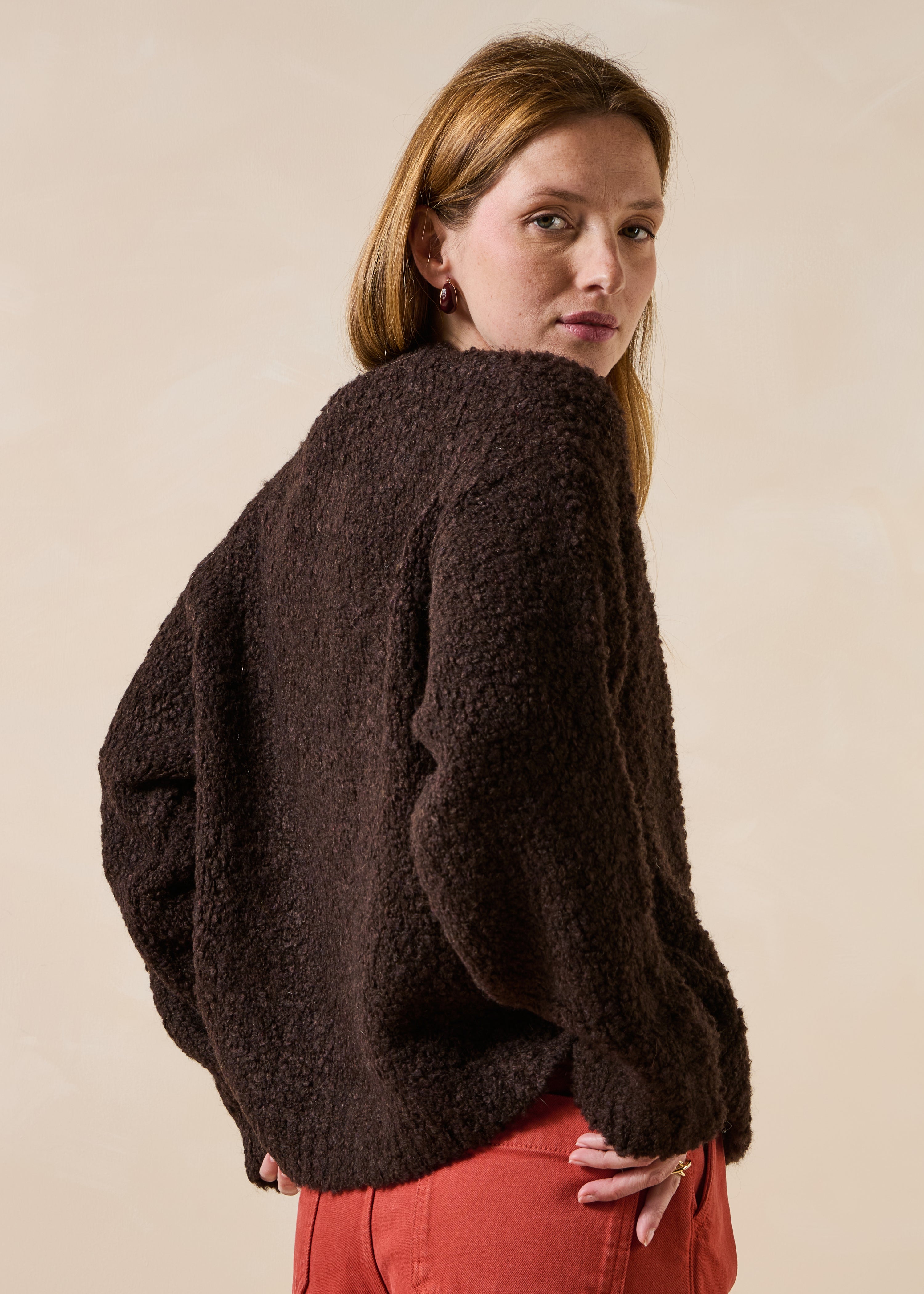Brown boucle knit cardigan with round neckline