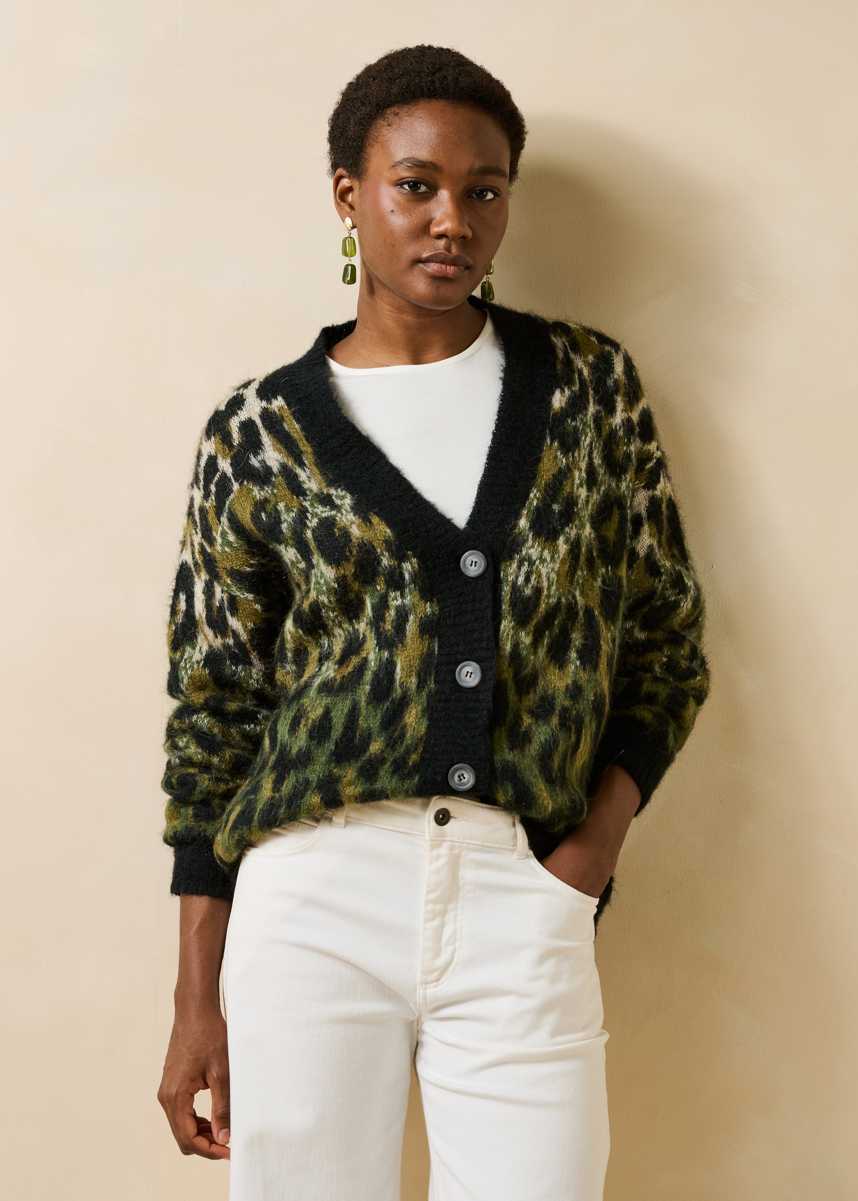 Gilet kaki à imprimé léopard manches longues en jacquard
