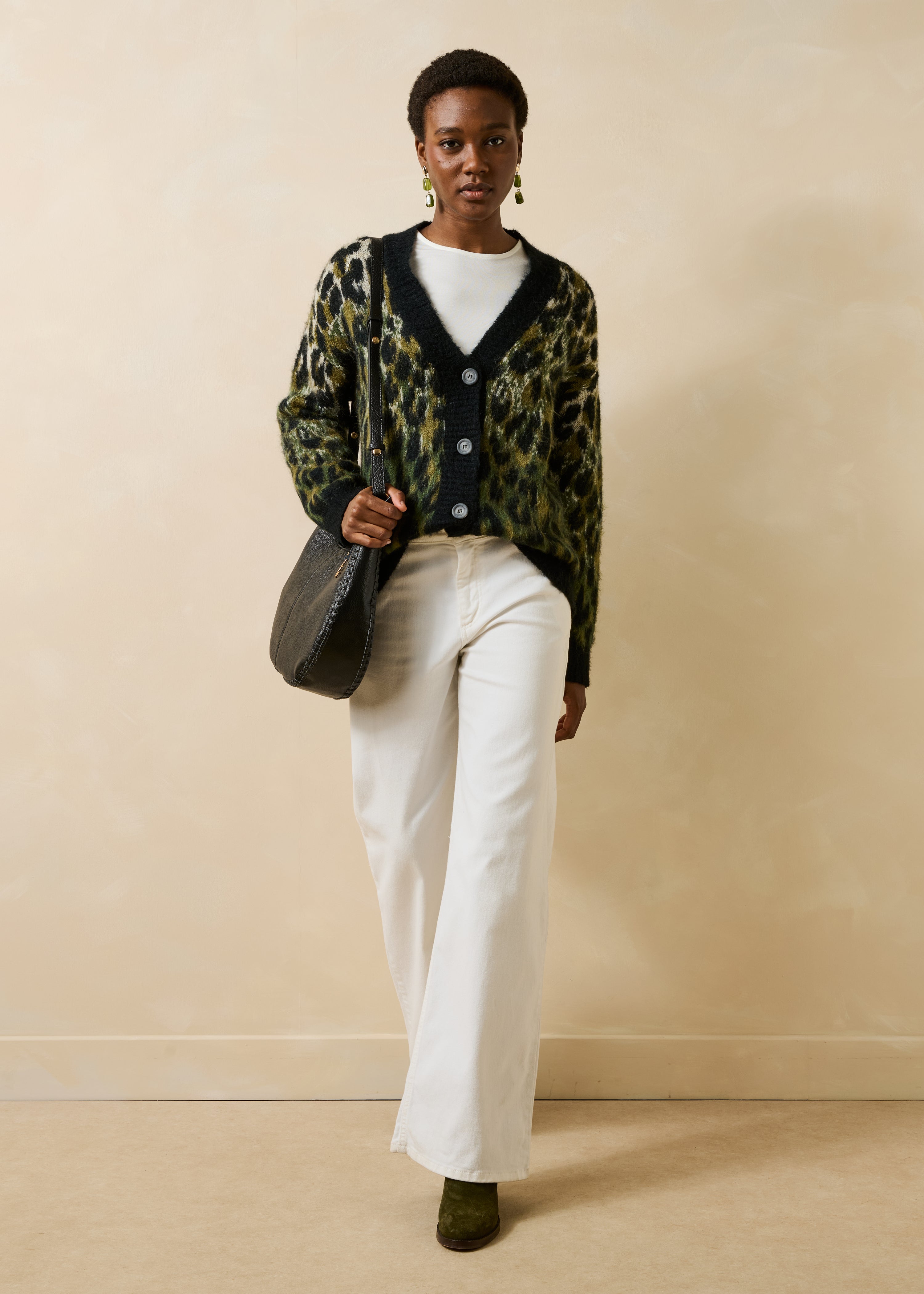 Gilet kaki à imprimé léopard manches longues en jacquard