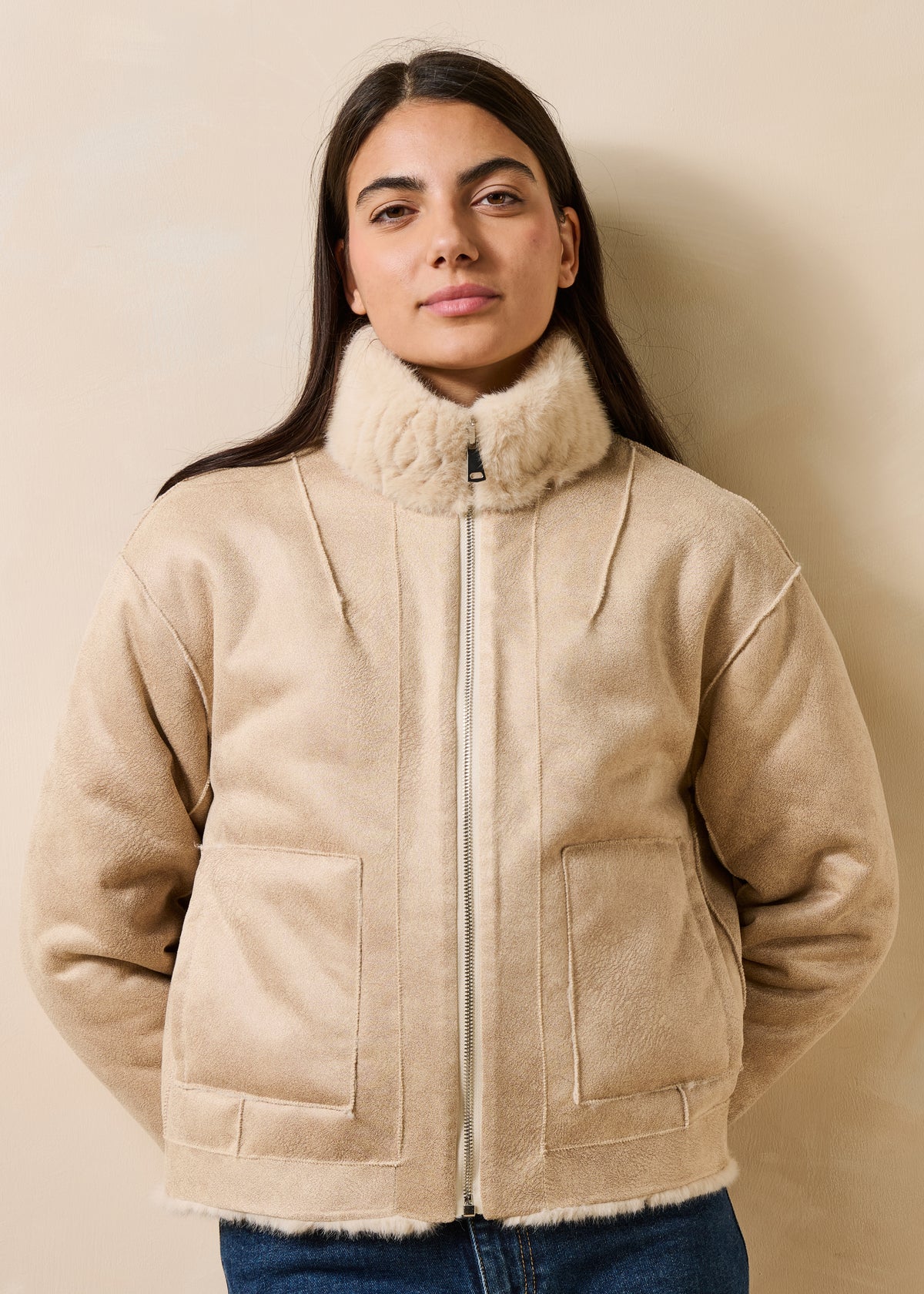 Blouson court écru réversible col montant