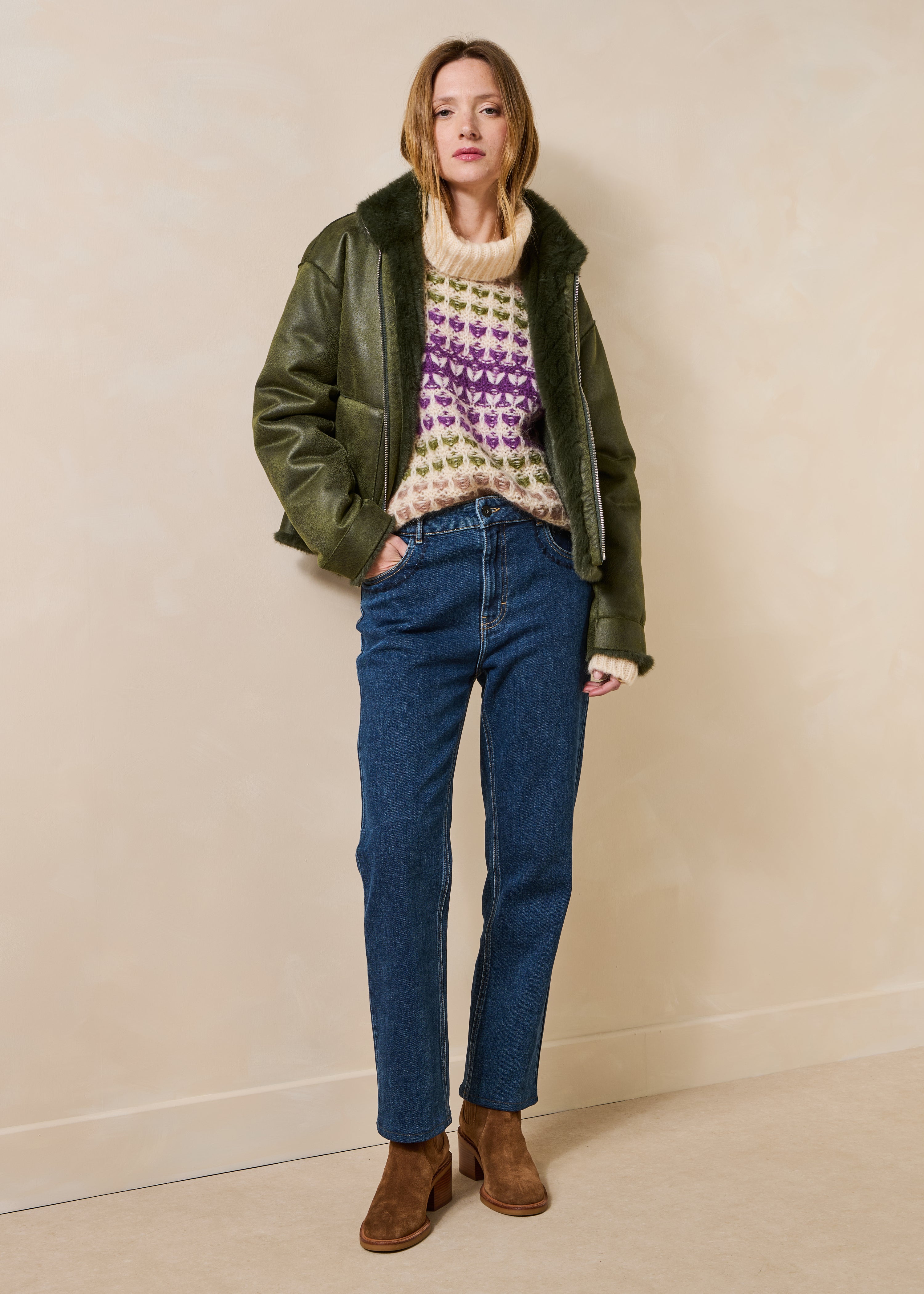 Blouson court kaki réversible col montant