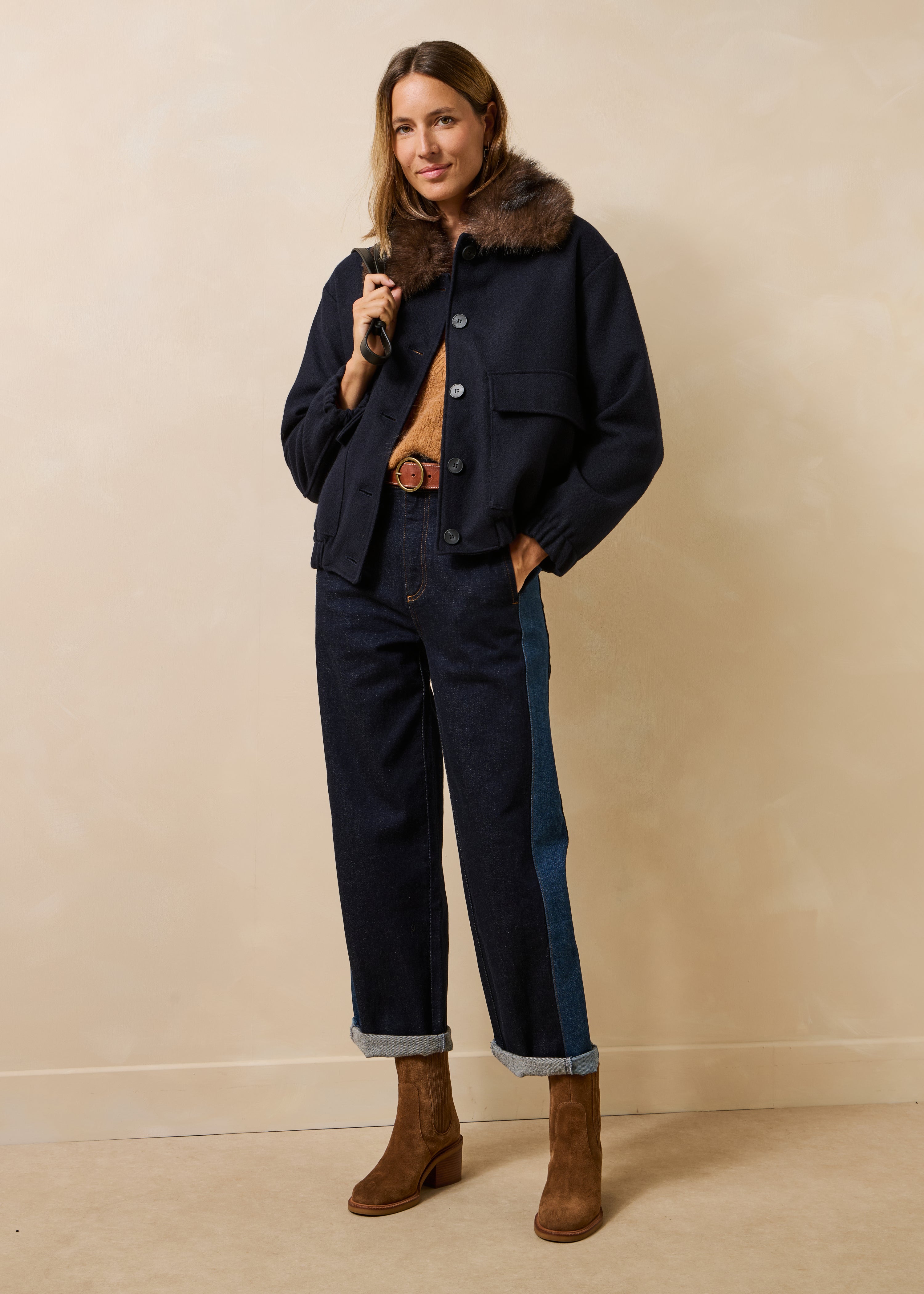 Navy blue jacket with faux fur collar
