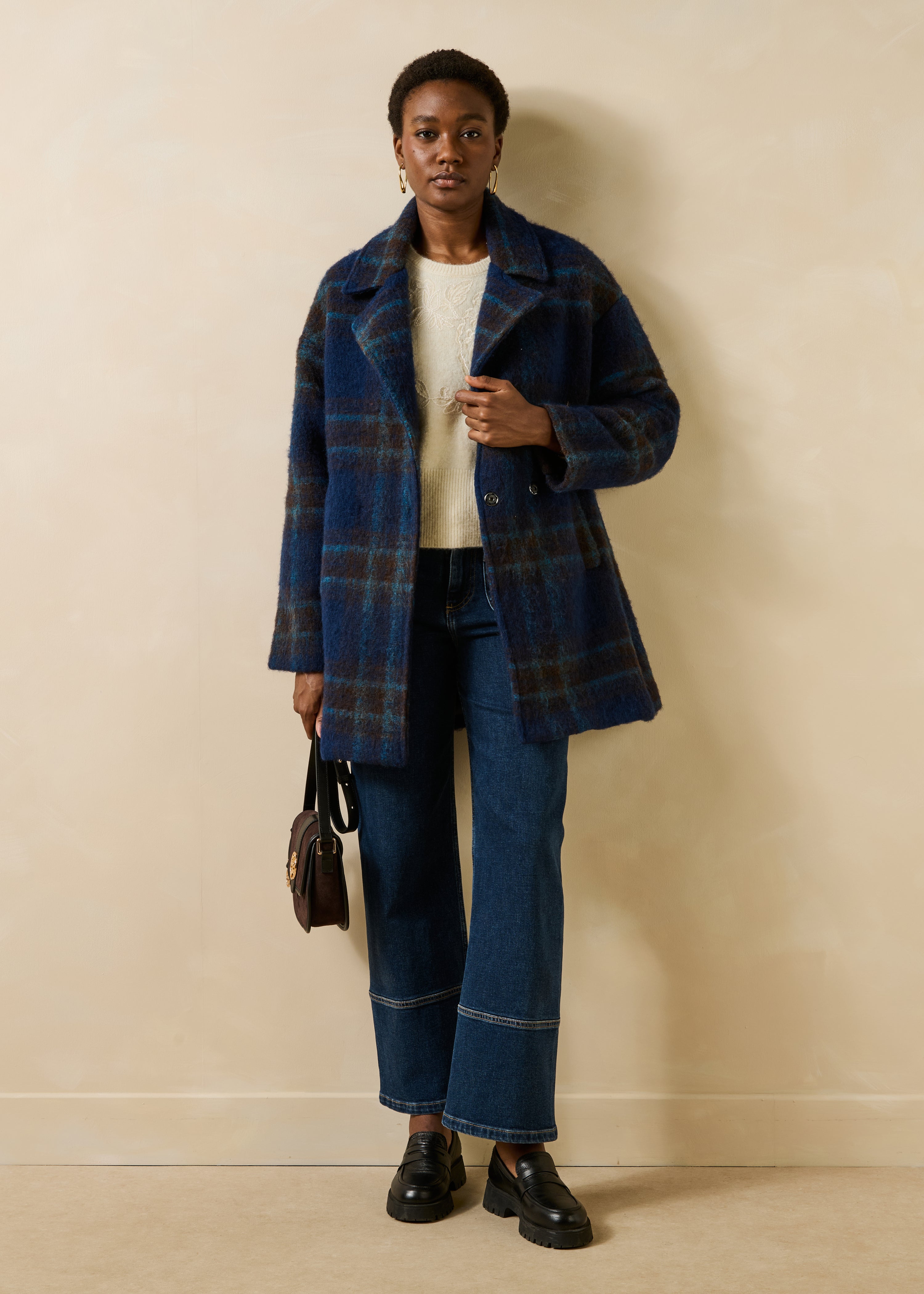 3/4 Blue Plaid Wool Coat