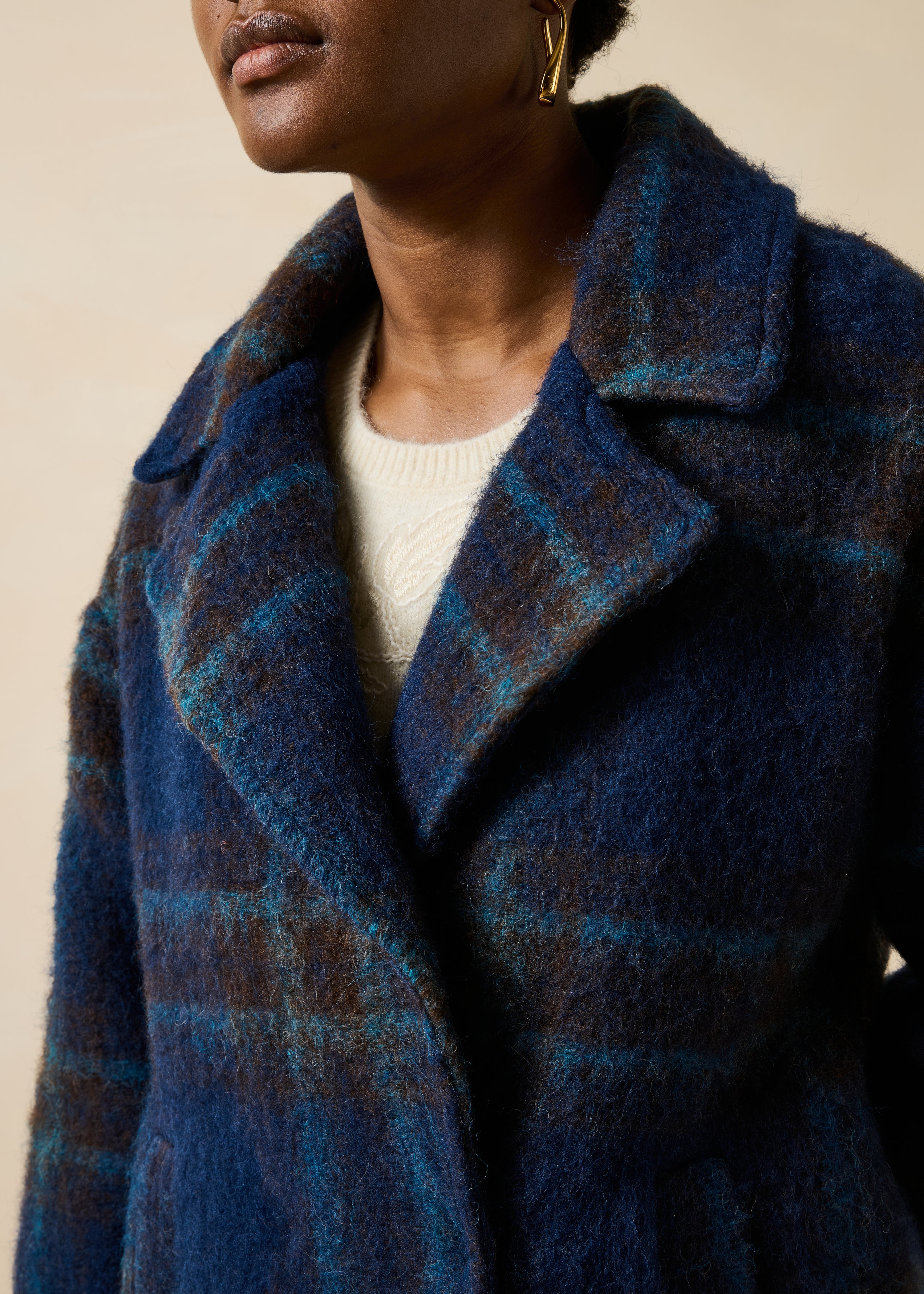 3/4 Blue Plaid Wool Coat