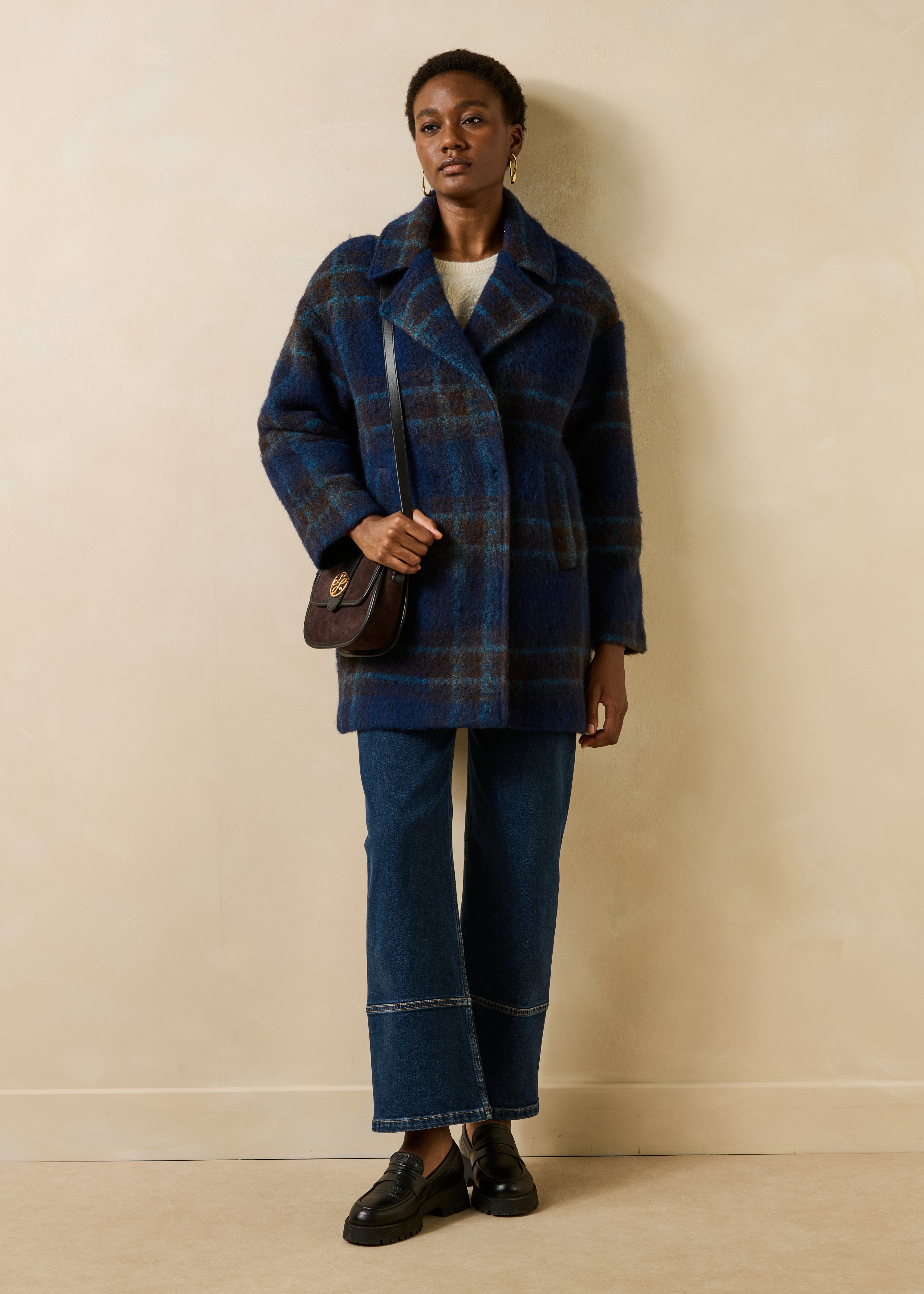 3/4 Blue Plaid Wool Coat