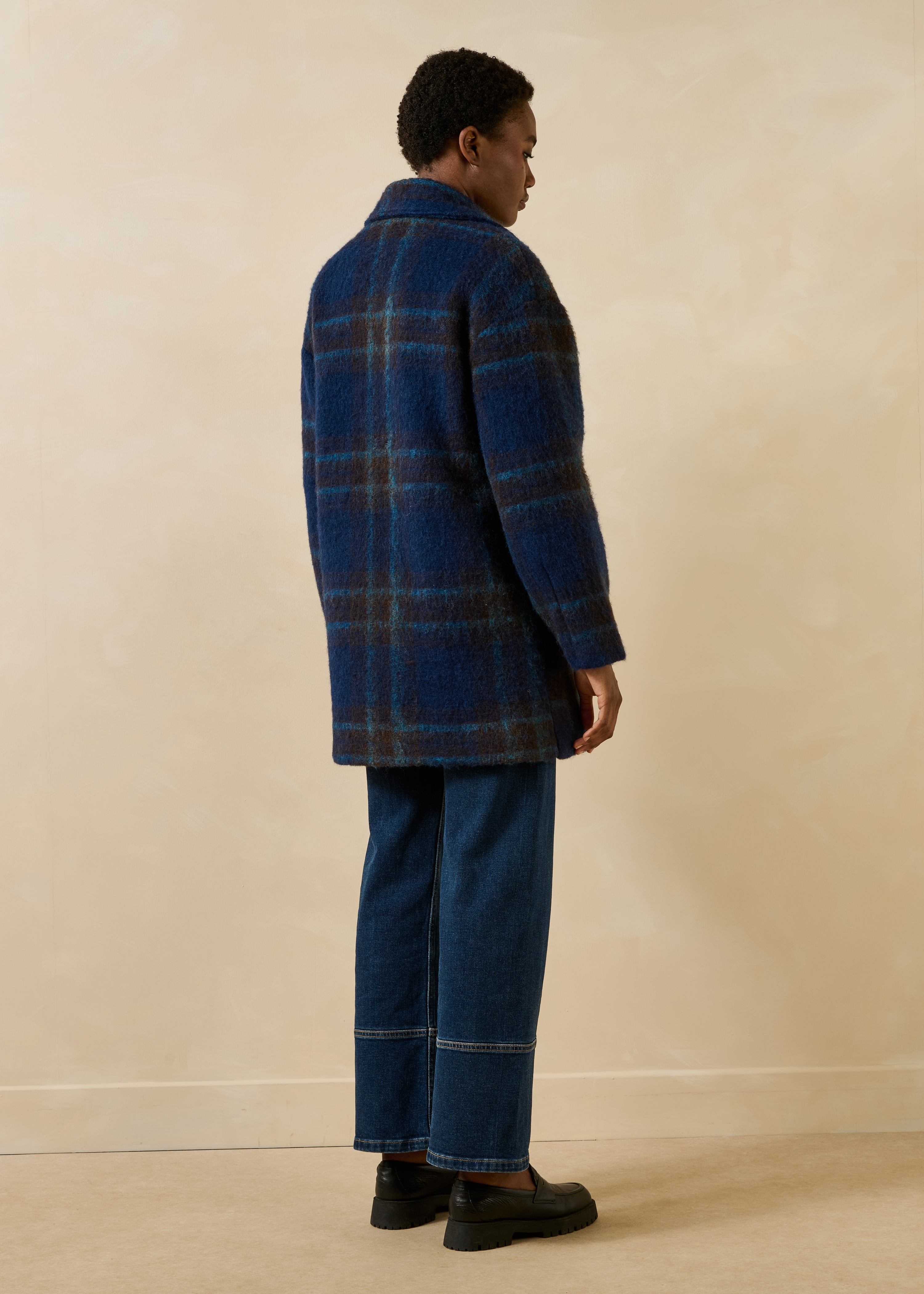 3/4 Blue Plaid Wool Coat