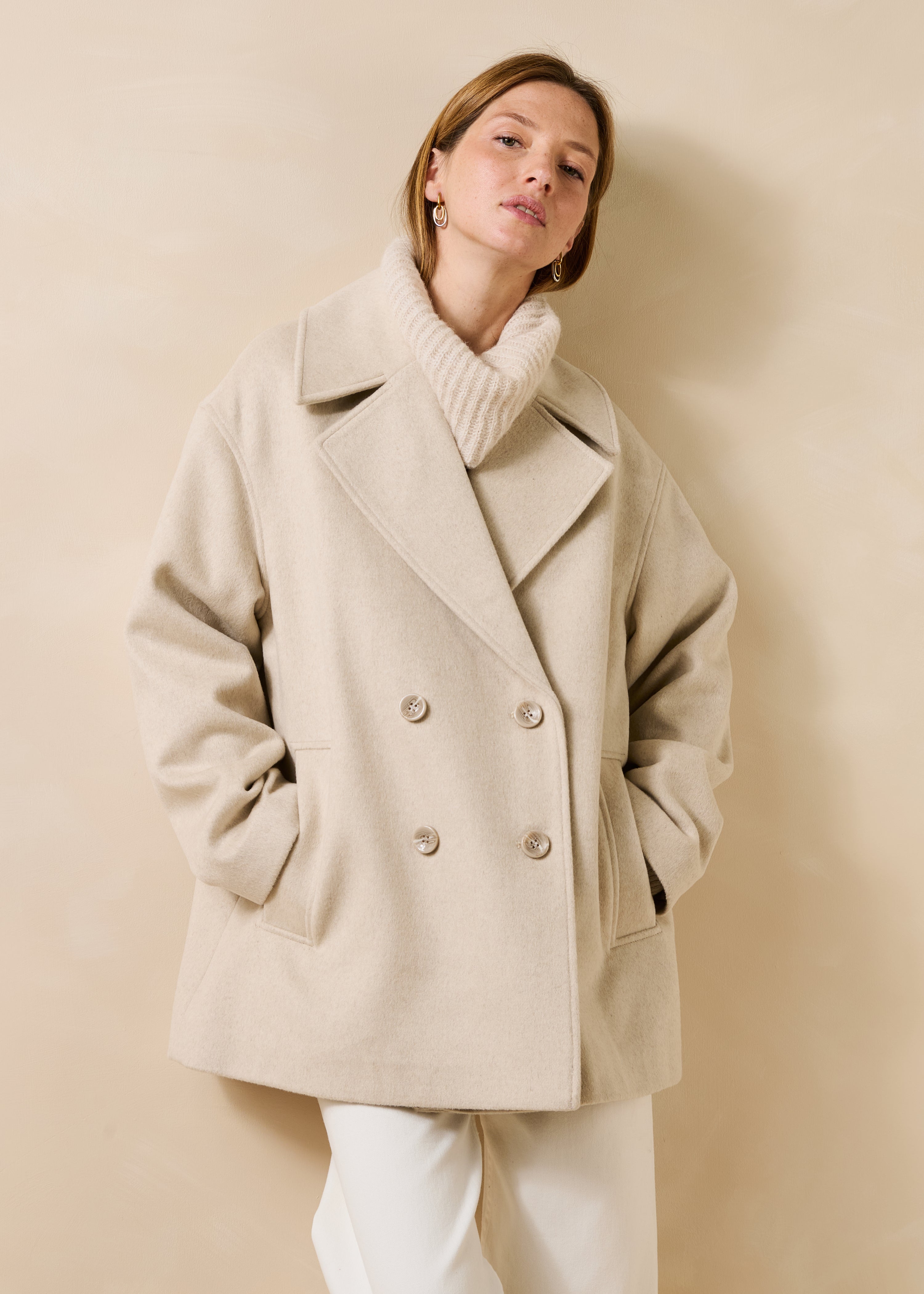 Cappotto caban écru in lana