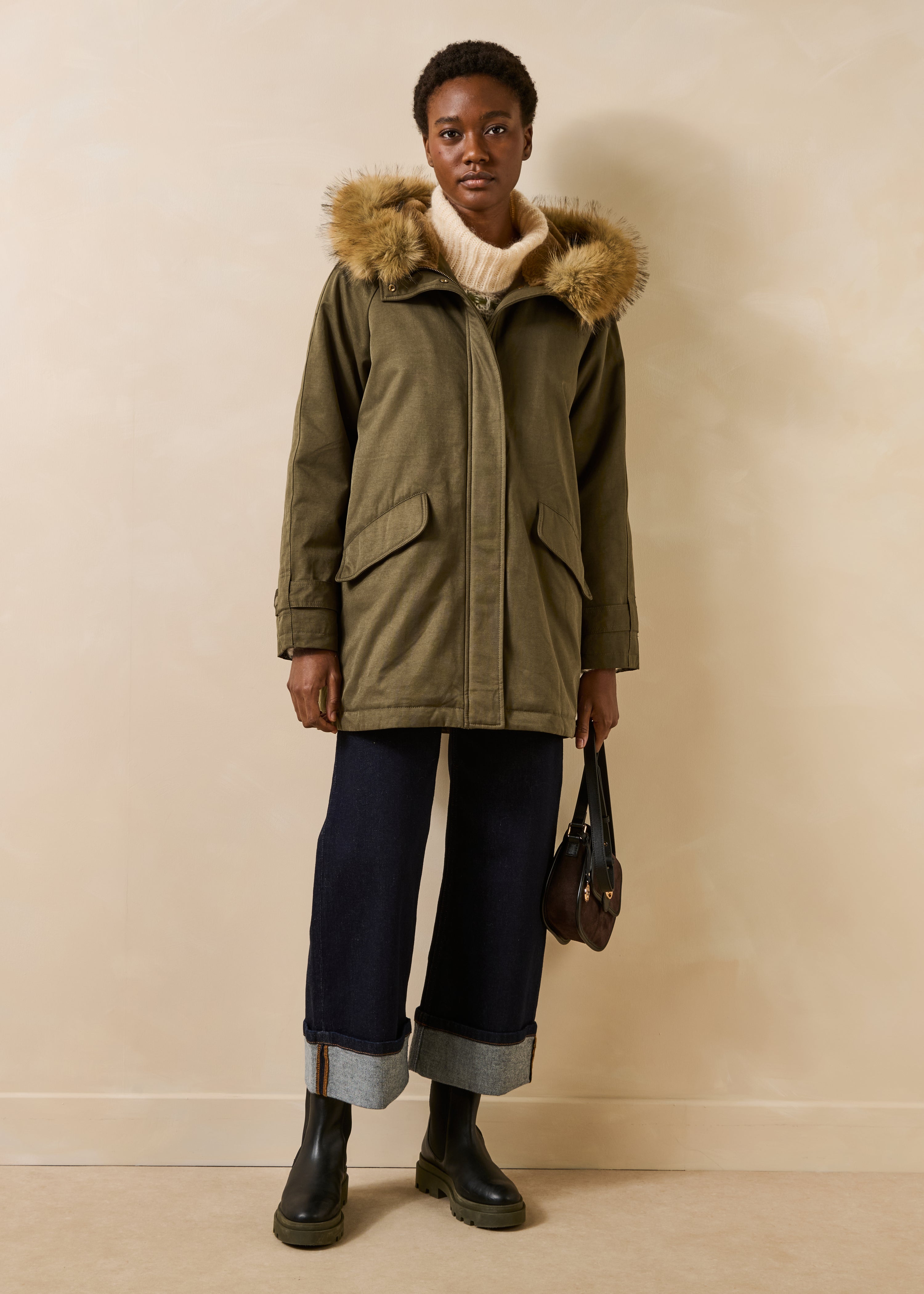 Parka mi-longue kaki à capuche