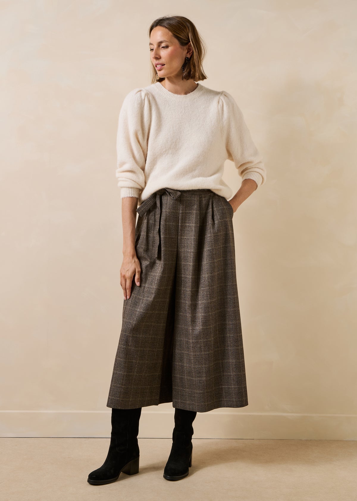 Pantalone gonna culotte 7/8 marrone a quadri