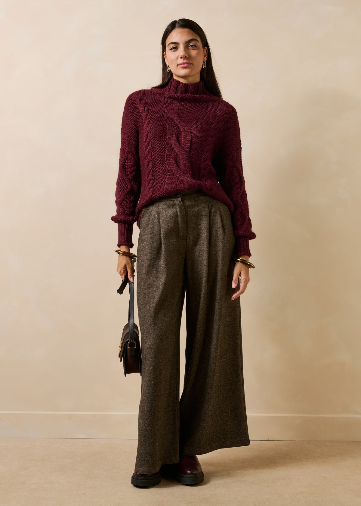 Pantalón oversize marrón de tweed