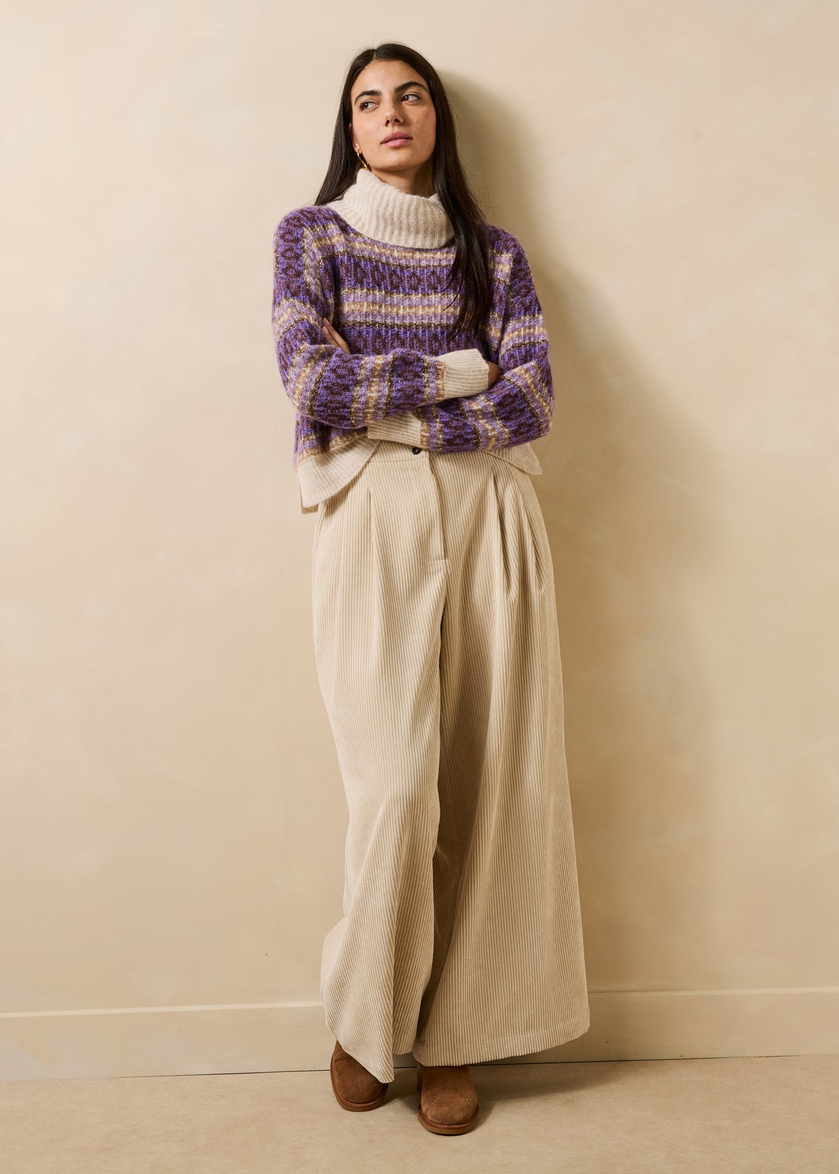 Pantalón ancho beige de pana acanalada