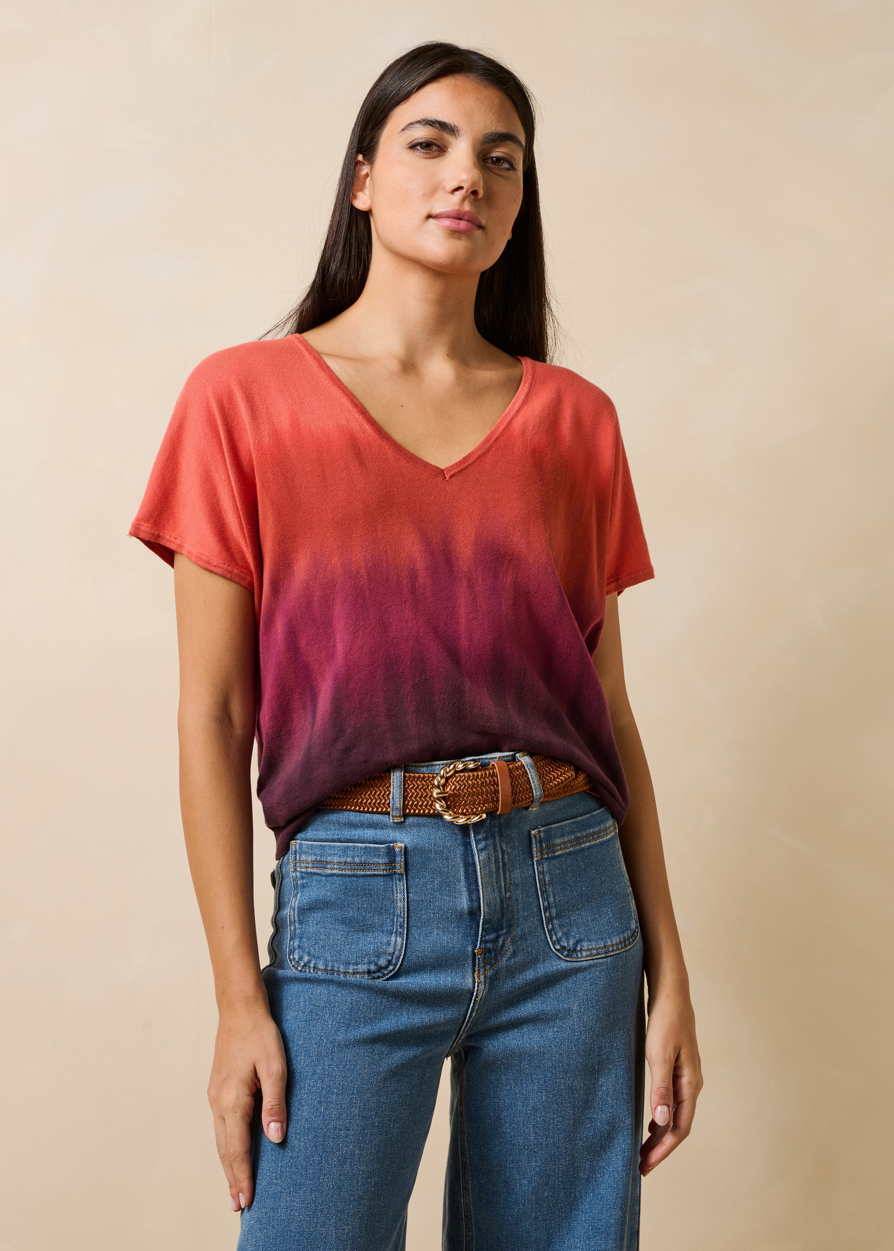 Maglione a maniche corte tie & dye viola e rosso in cotone biologico