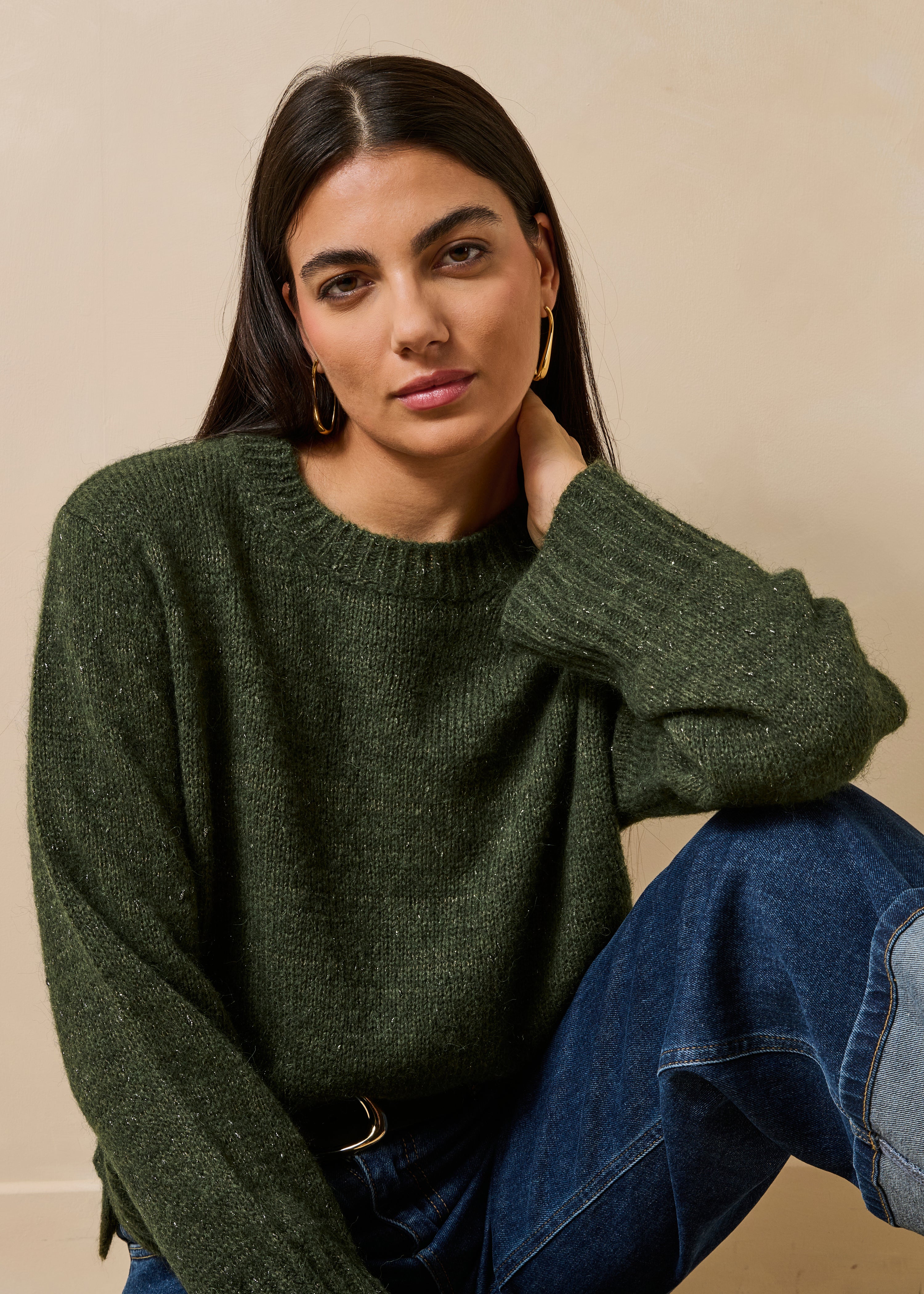 Maglione kaki maniche lunghe collo rotondo