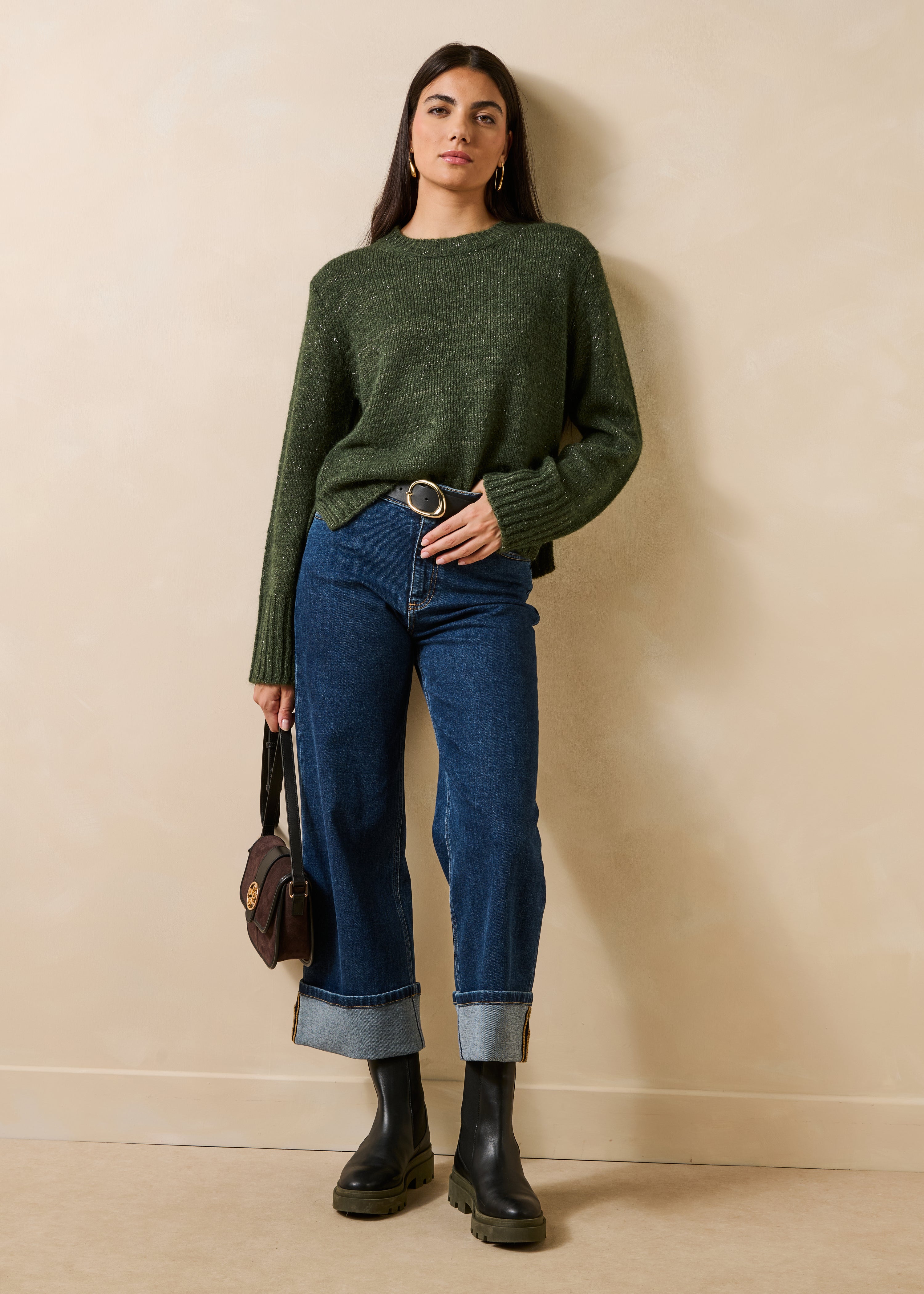Maglione kaki maniche lunghe collo rotondo