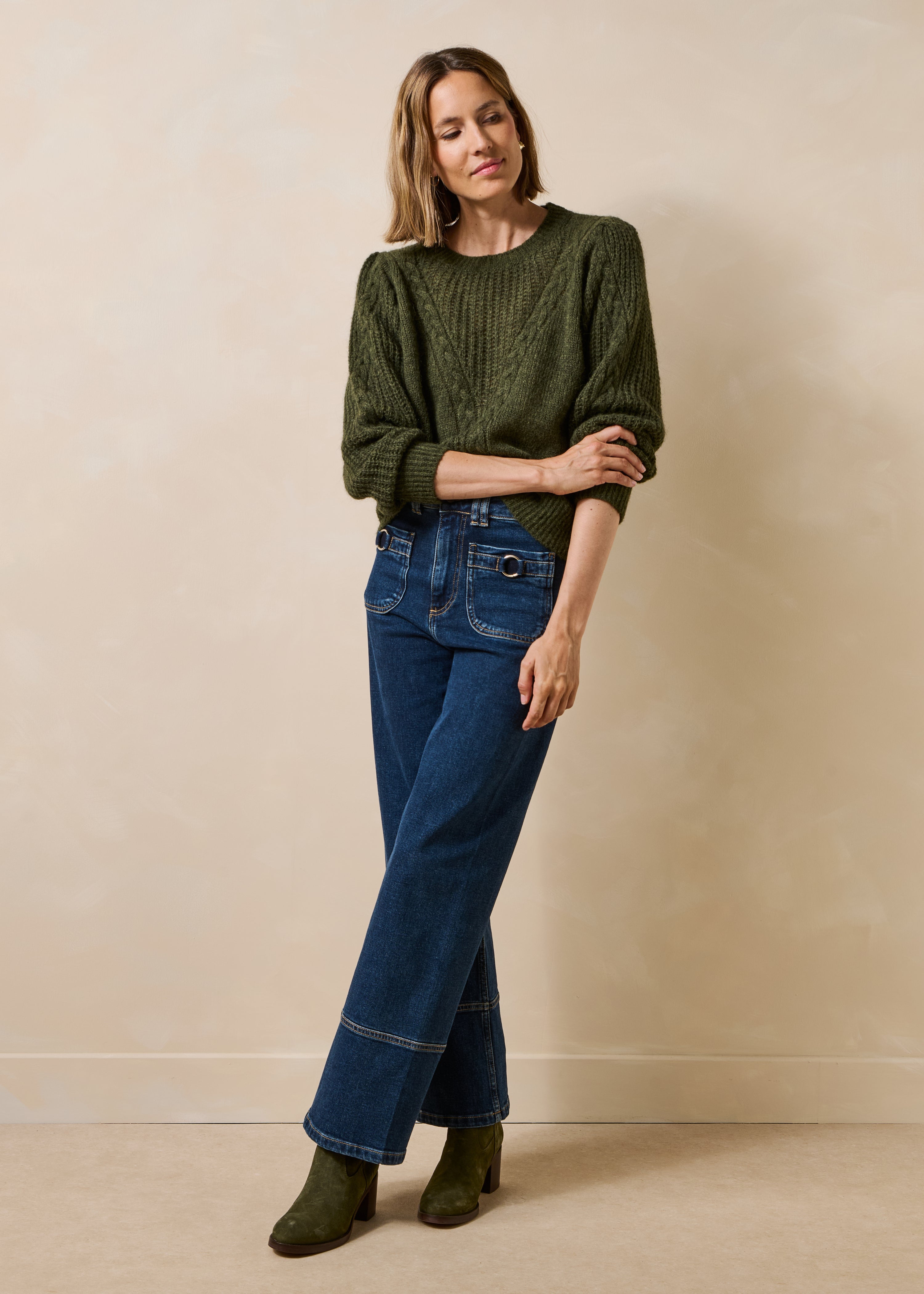 Maglione kaki maniche lunghe collo rotondo