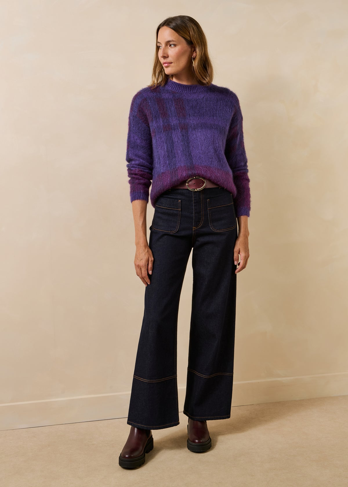 Violetter Pullover mit langen Ärmeln aus Jacquard und Rundhalsausschnitt