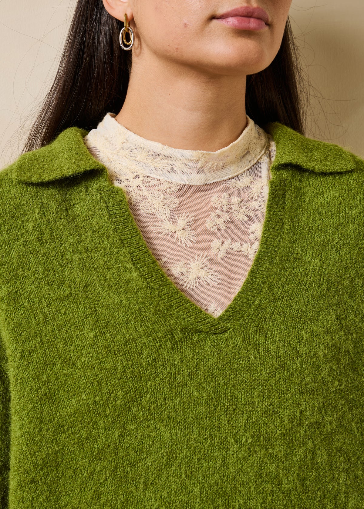 Pull vert manches longues col polo