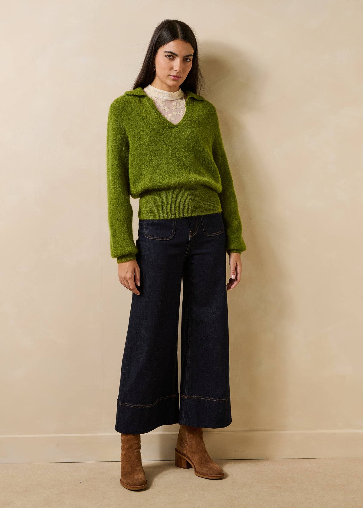 Pull vert manches longues col polo