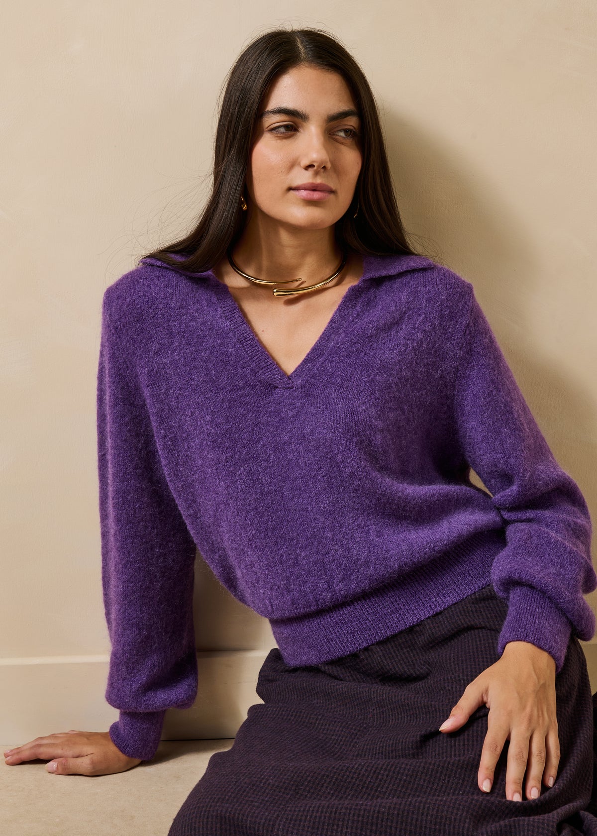 Jersey ciruela manga larga con cuello polo