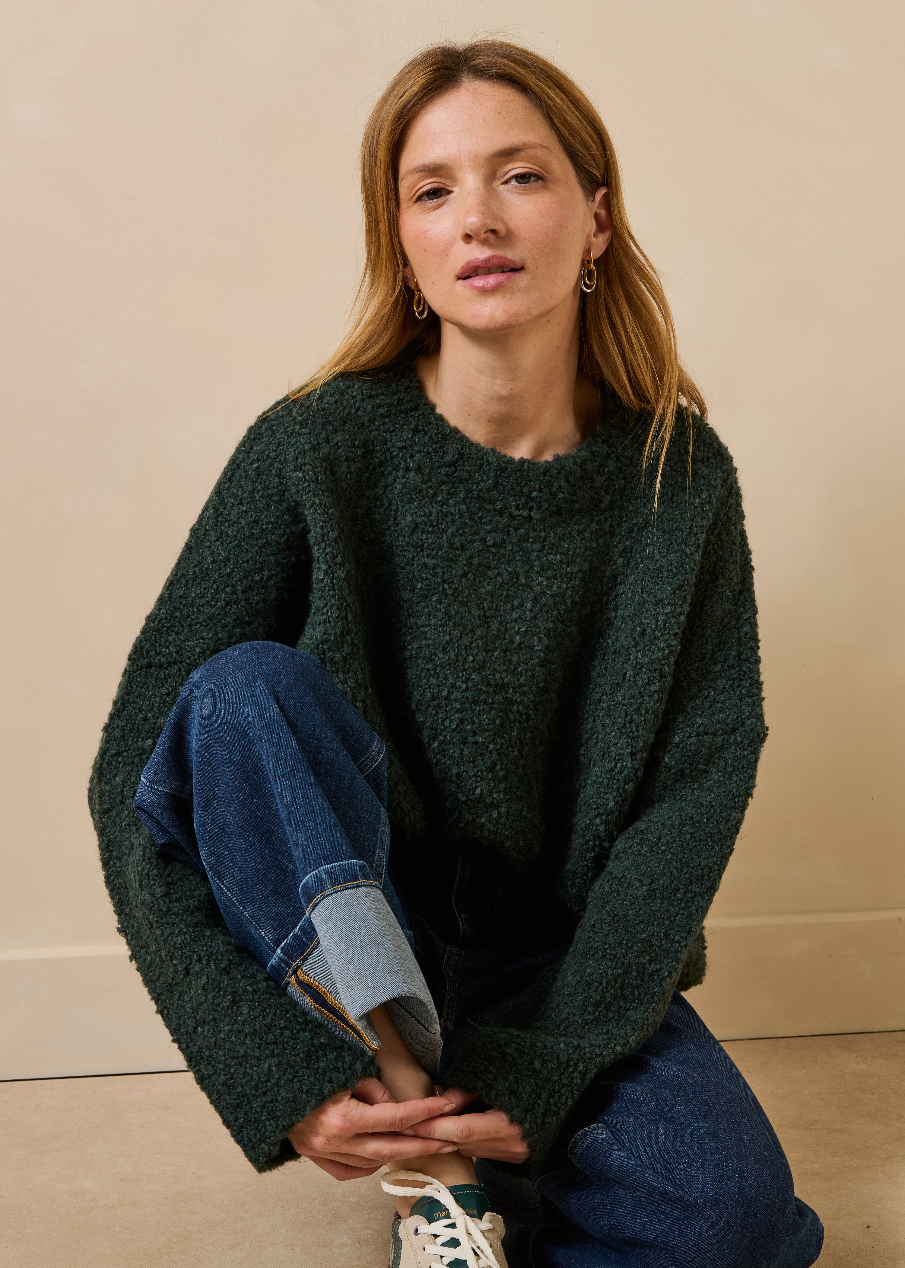 Pull vert bouteille bouclette manches longues col rond