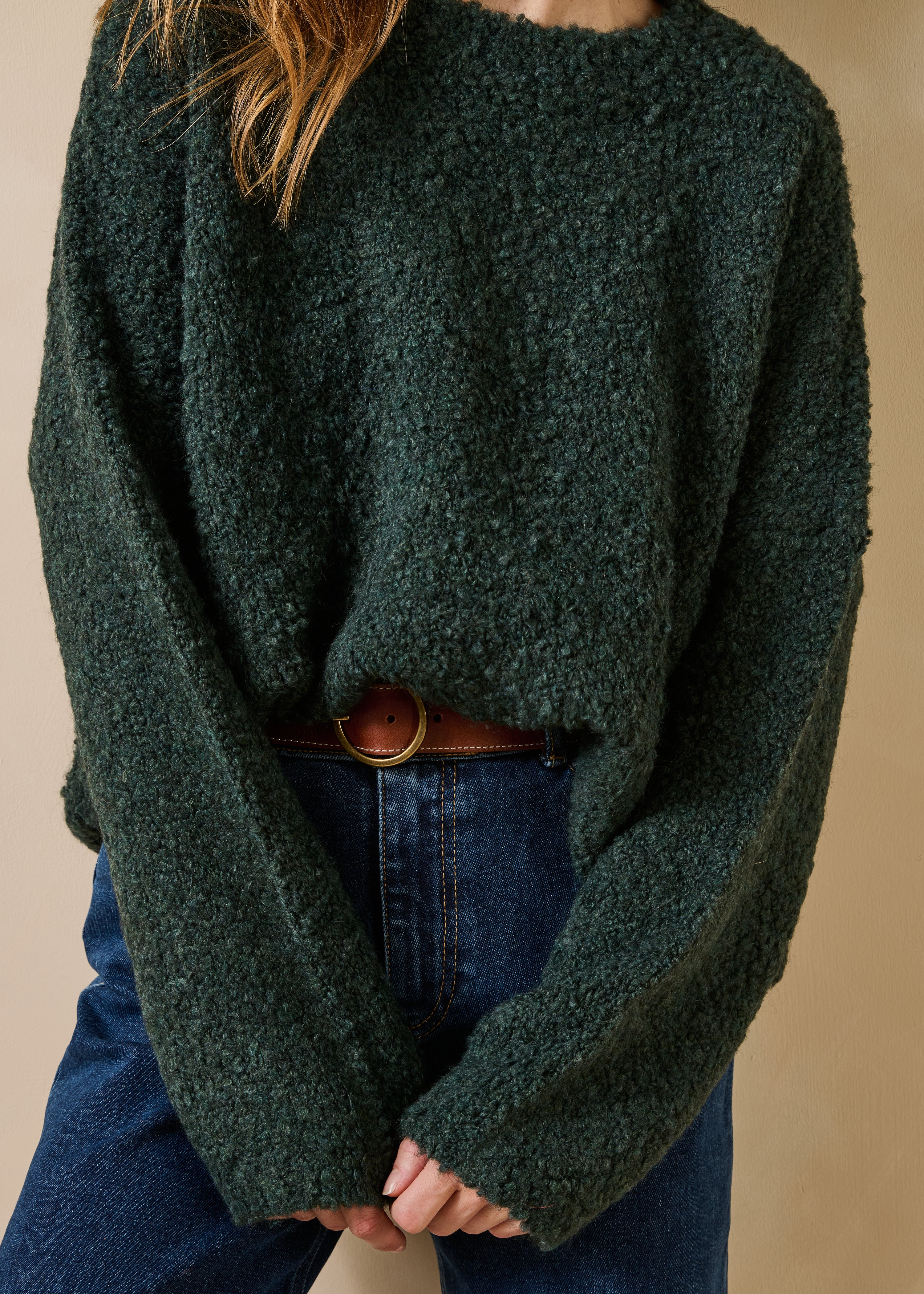 Pull vert bouteille bouclette manches longues col rond