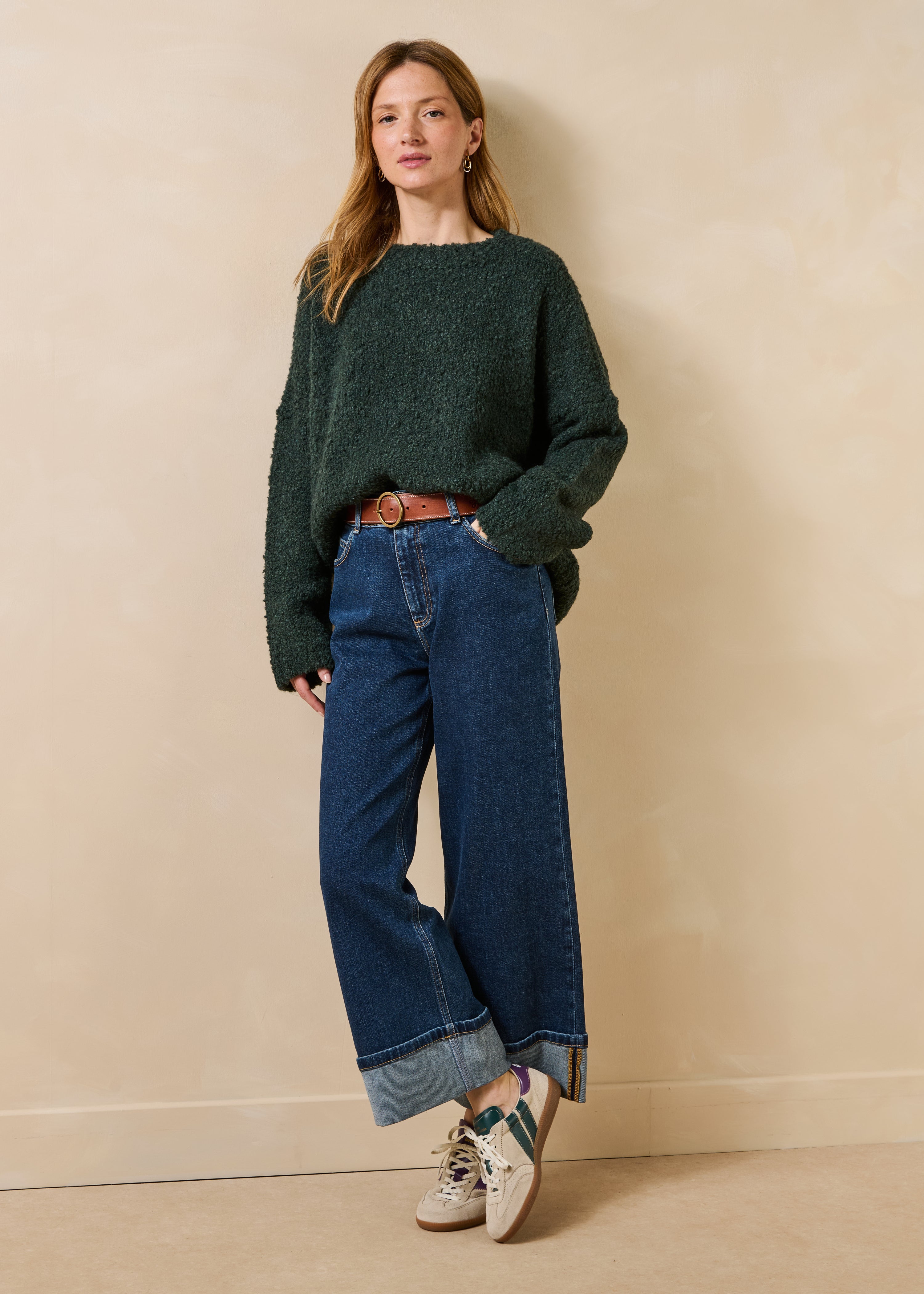 Pull vert bouteille bouclette manches longues col rond