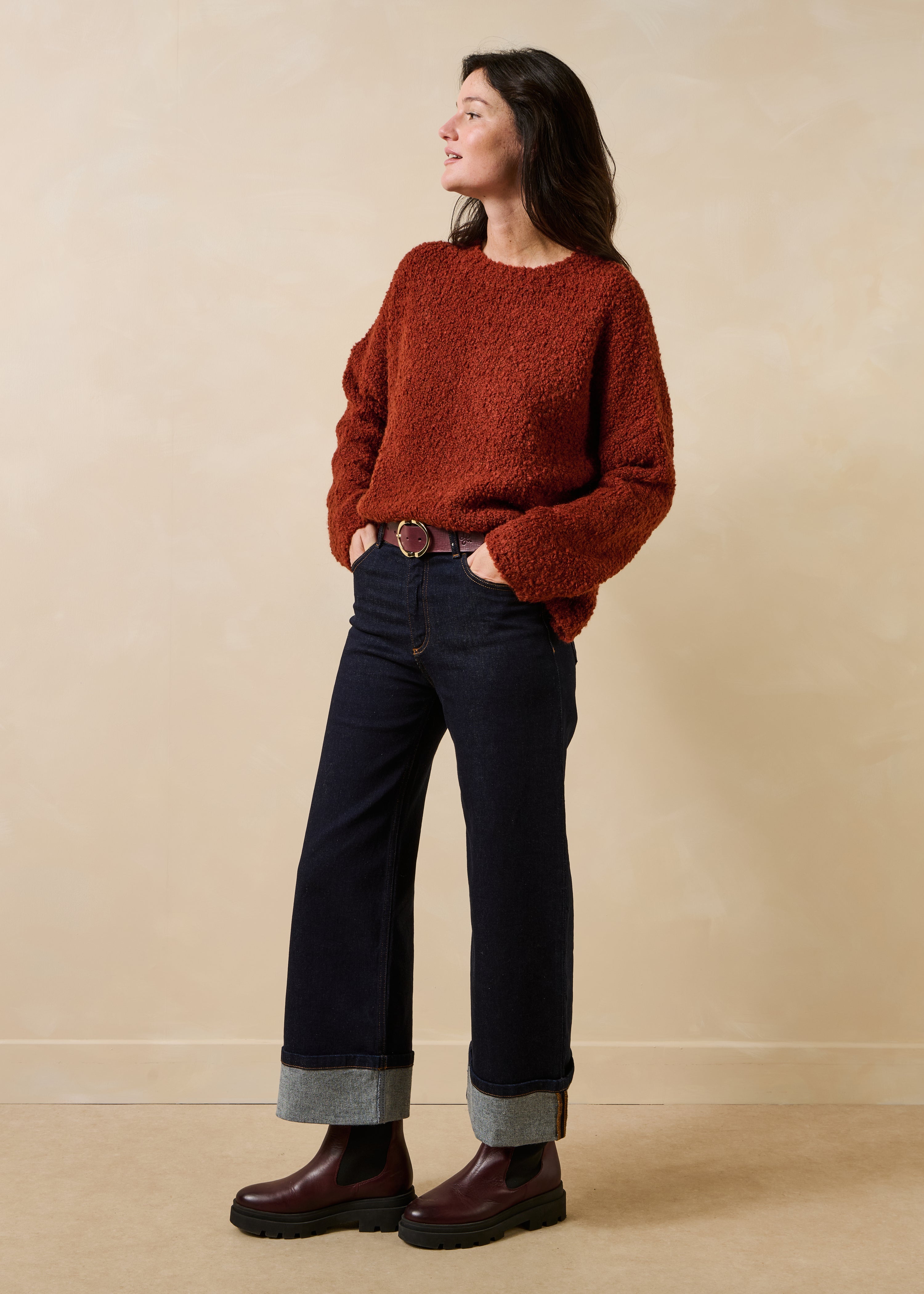 Pull rouille bouclette manches longues col rond