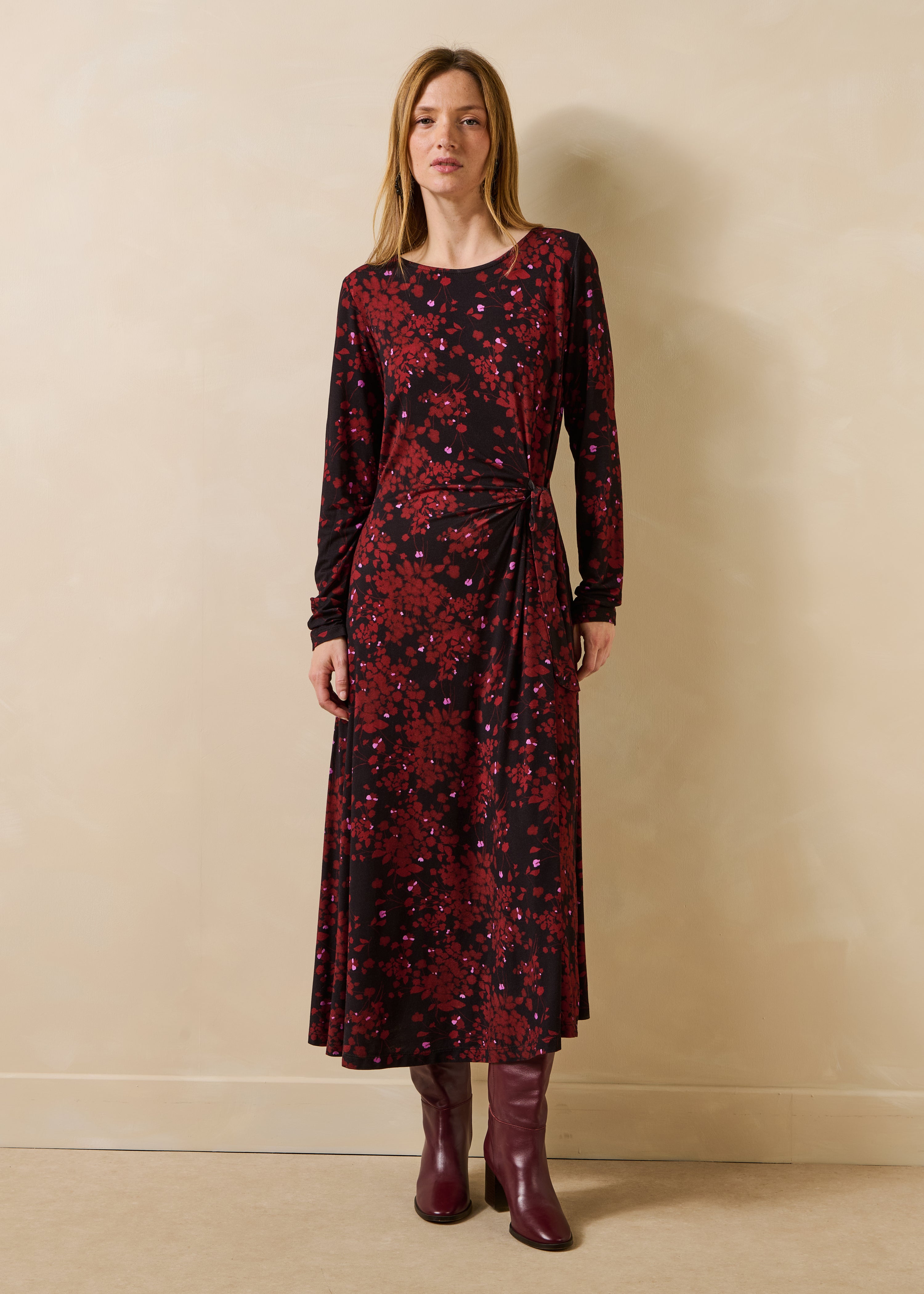 Burgundy and black floral midi dress with belt and long sleeves