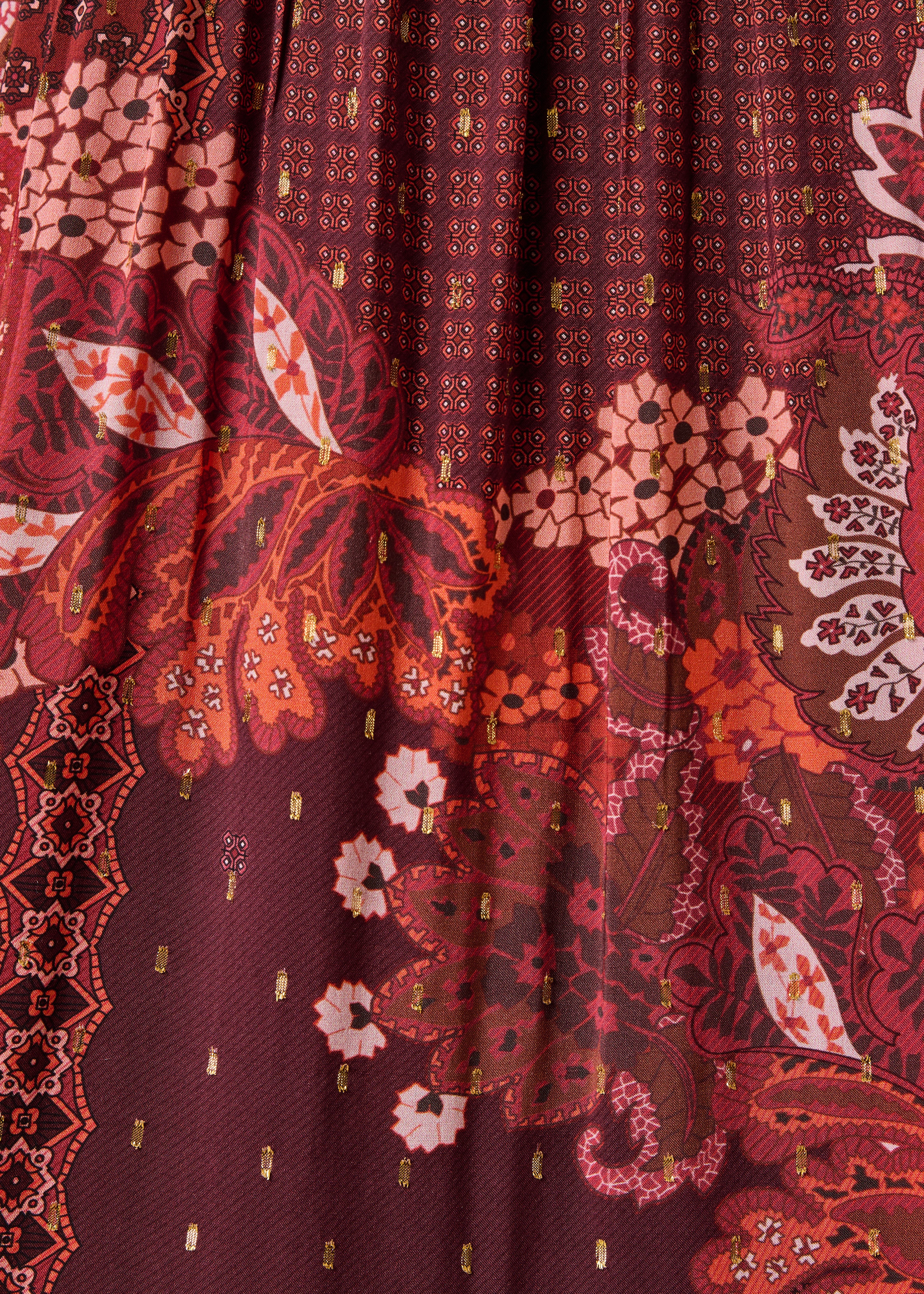 Robe longue rouge imprimée manches longues col tunisien