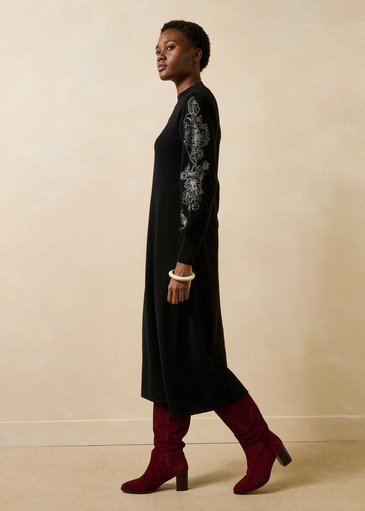 Black knit midi dress with embroidery