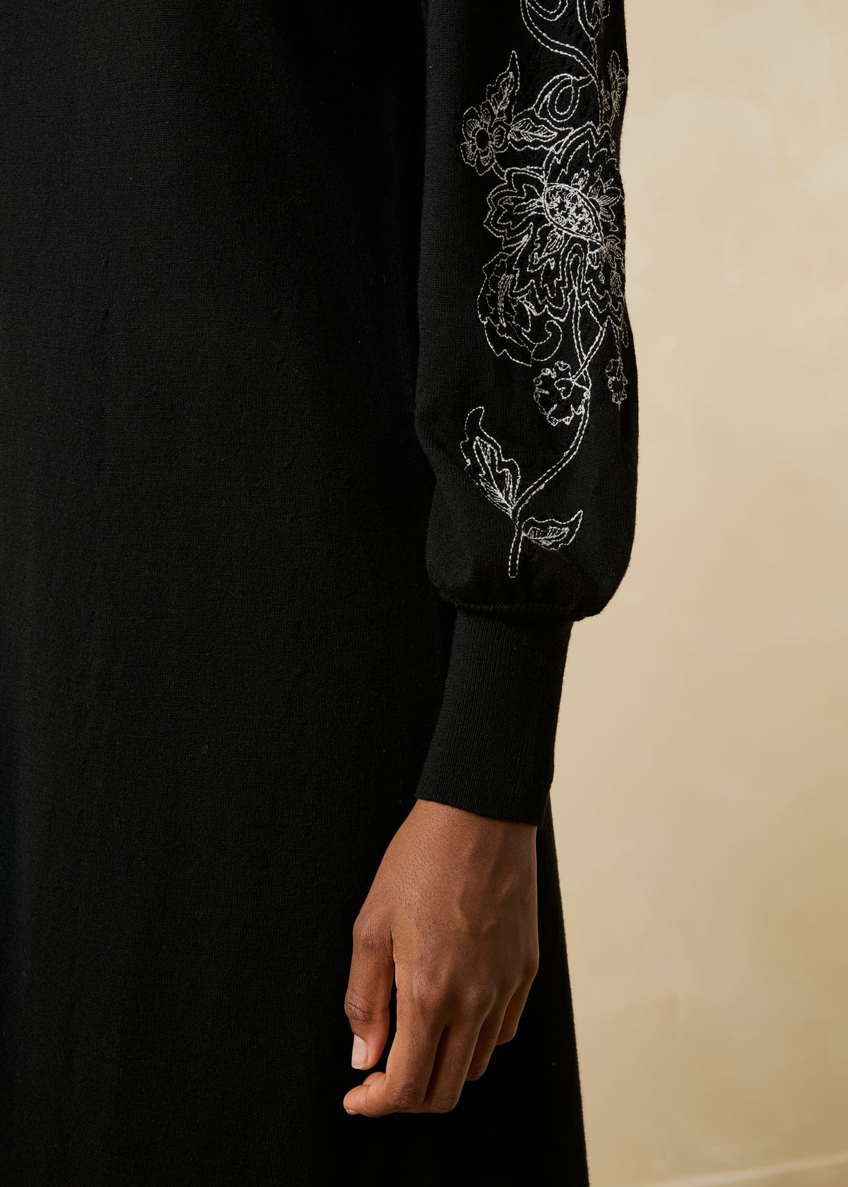 Black knit midi dress with embroidery