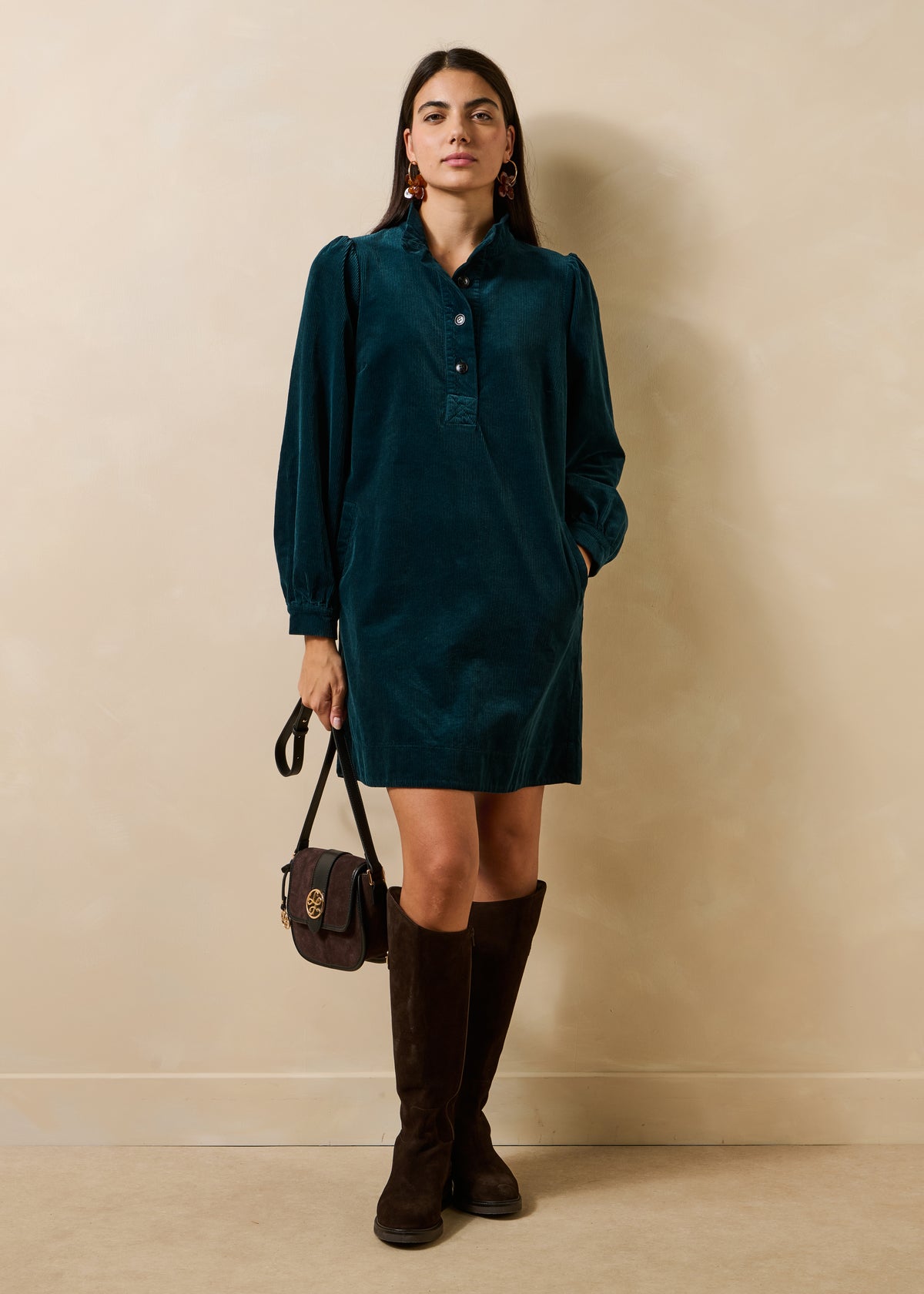 Petrol blue long-sleeved corduroy dress